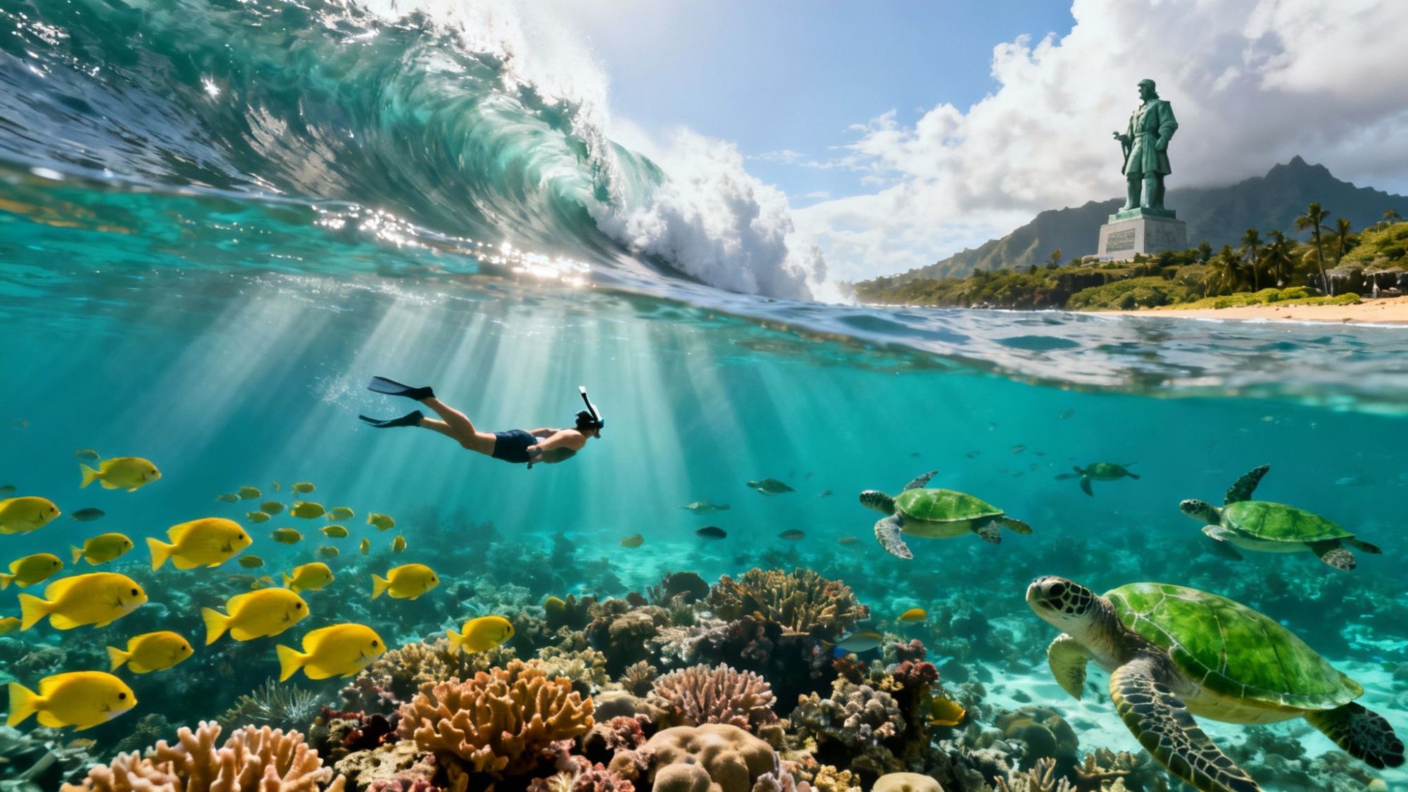 Diver swimming amid fish and turtles near a wave, with a statue on the shore in the background.