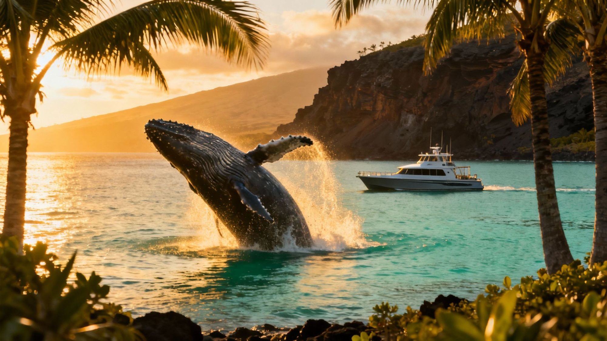 A whale breaches near a boat in a tropical bay at sunset, framed by palm trees.