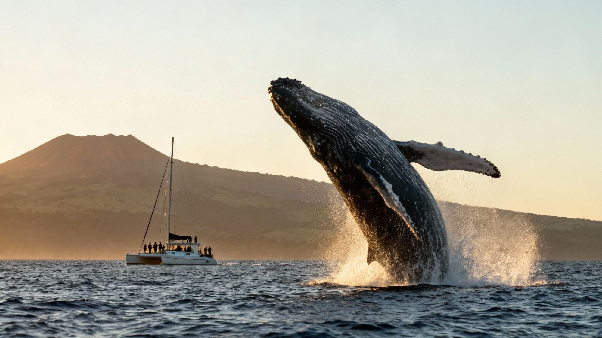 Whale breaching near a yacht with mountains in the background at sunset.