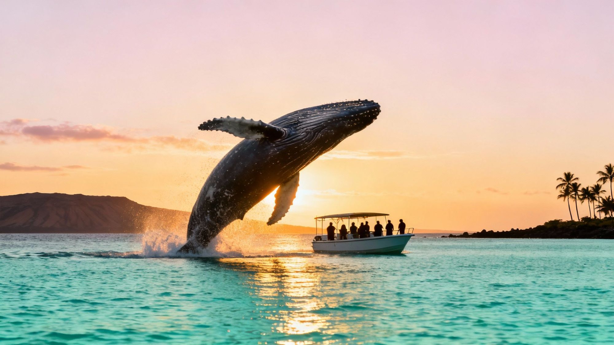 Whale breaching near a boat with people at sunset on an ocean.