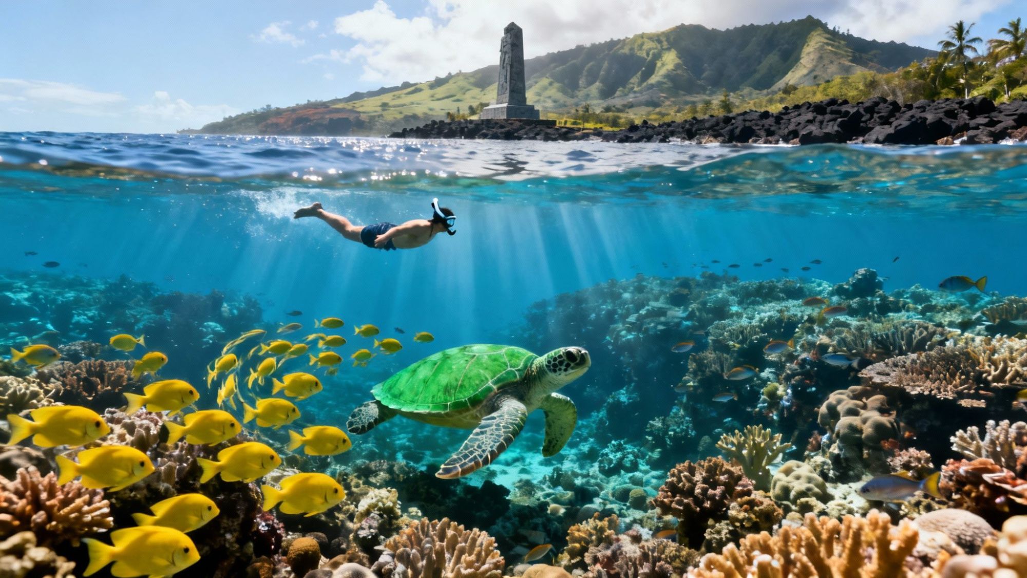 Snorkeler above coral reef with colorful fish and green sea turtle, mountain in background.