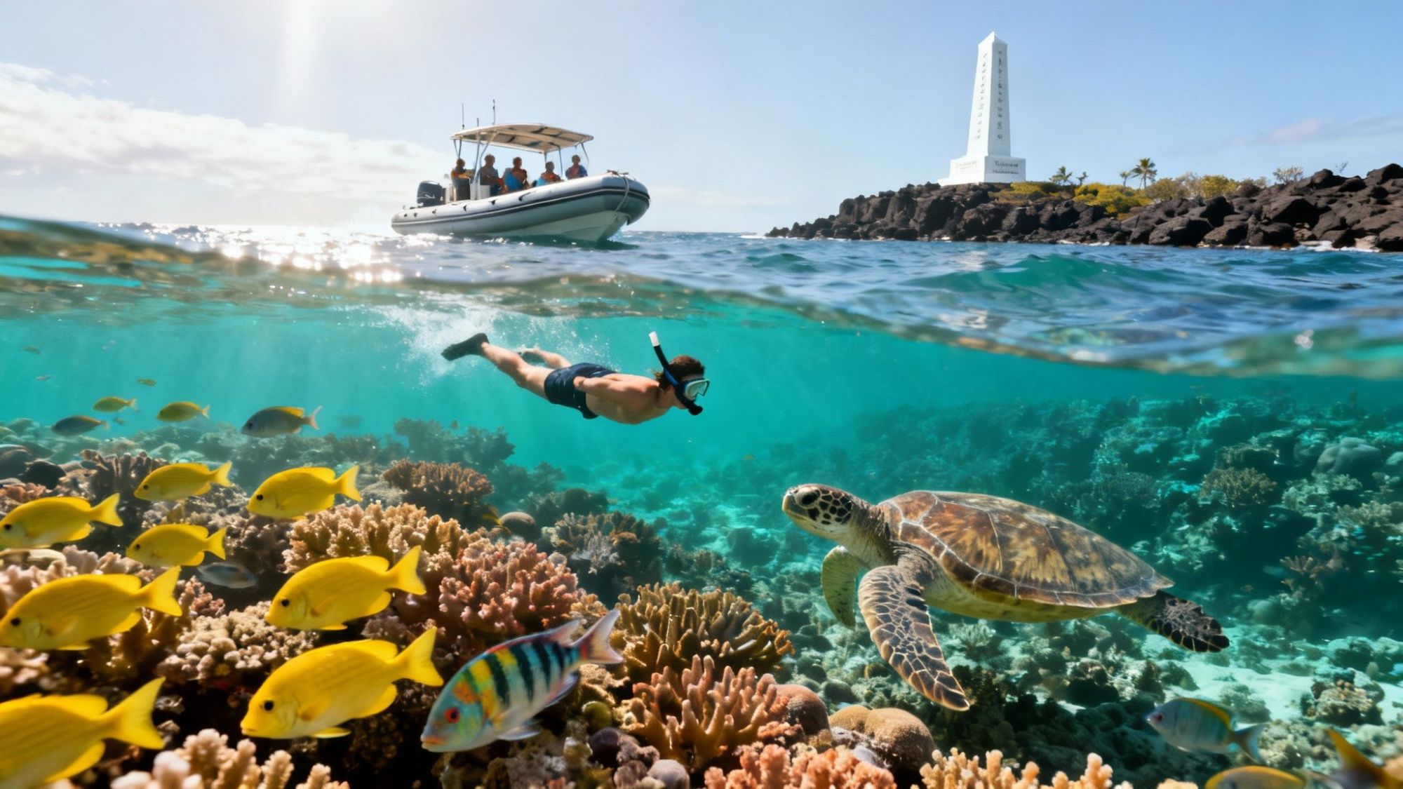 Snorkeler near turtle and fish with boat and monument in background above water.