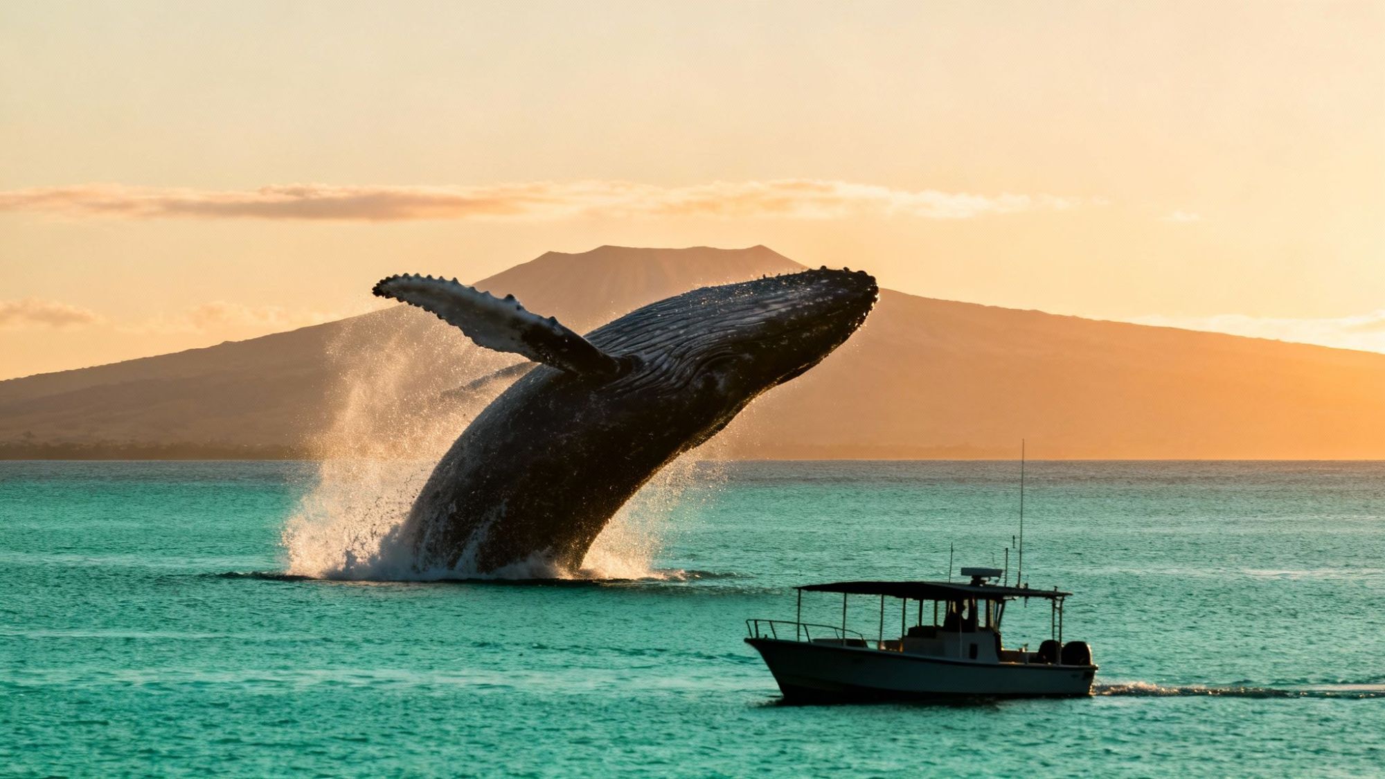 Whale breaching near a small boat with a mountain backdrop at sunset.
