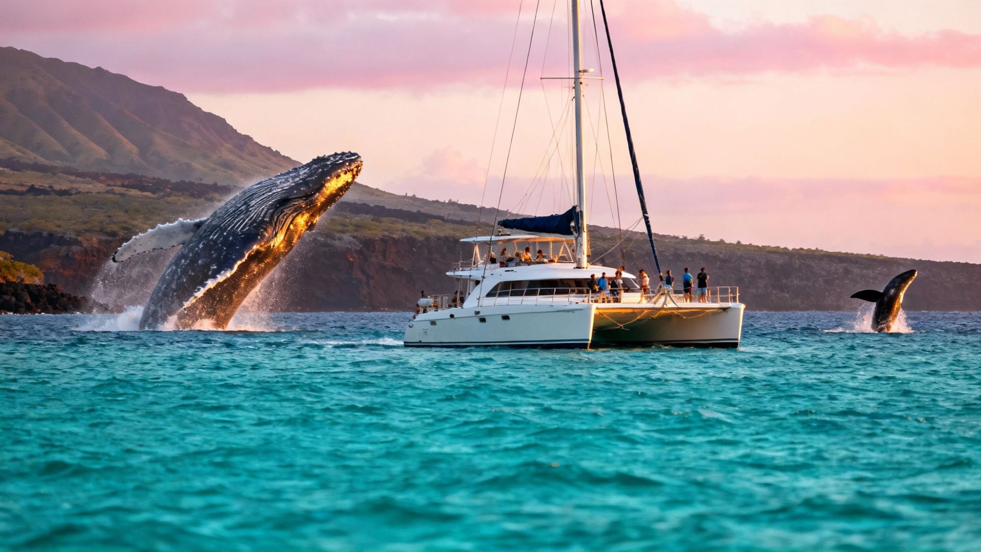 Sailboat on ocean with whales breaching near the coast at sunset.
