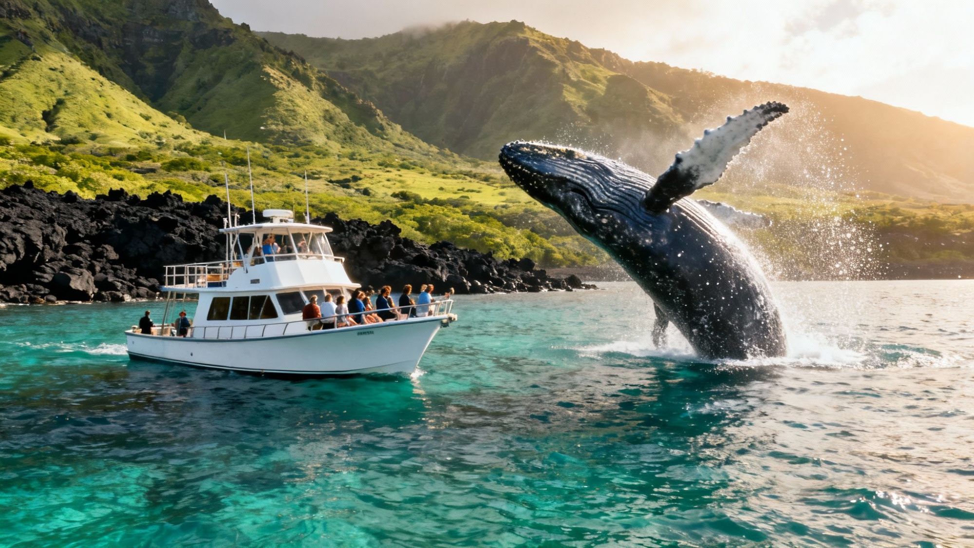Whale breaching near a tour boat with people, against a backdrop of green hills and rocky coastline.