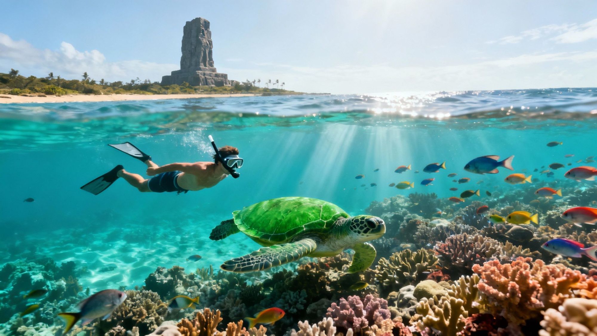 Snorkeler swims near turtle and colorful fish over coral reef with island and tower in background.