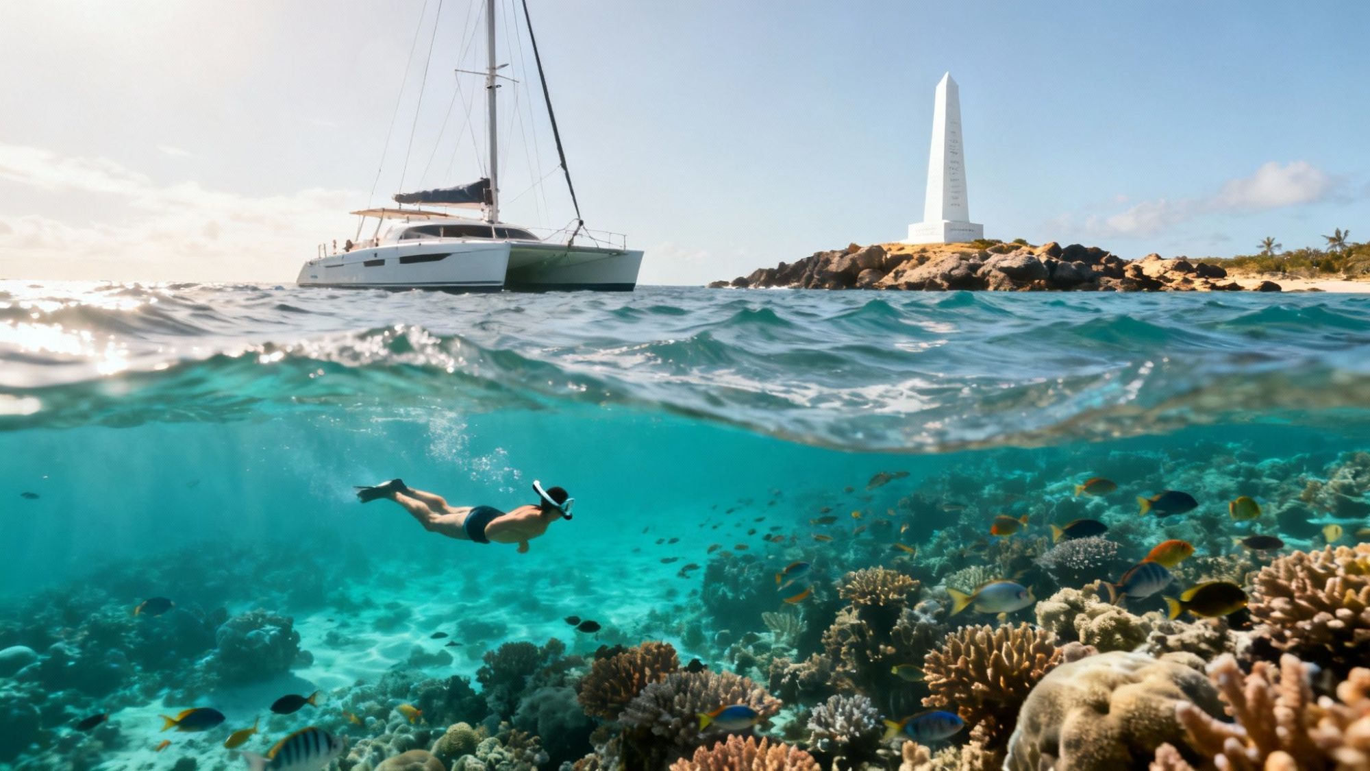 Split image of a snorkeler near coral reef, with sailboat and monument in the background.