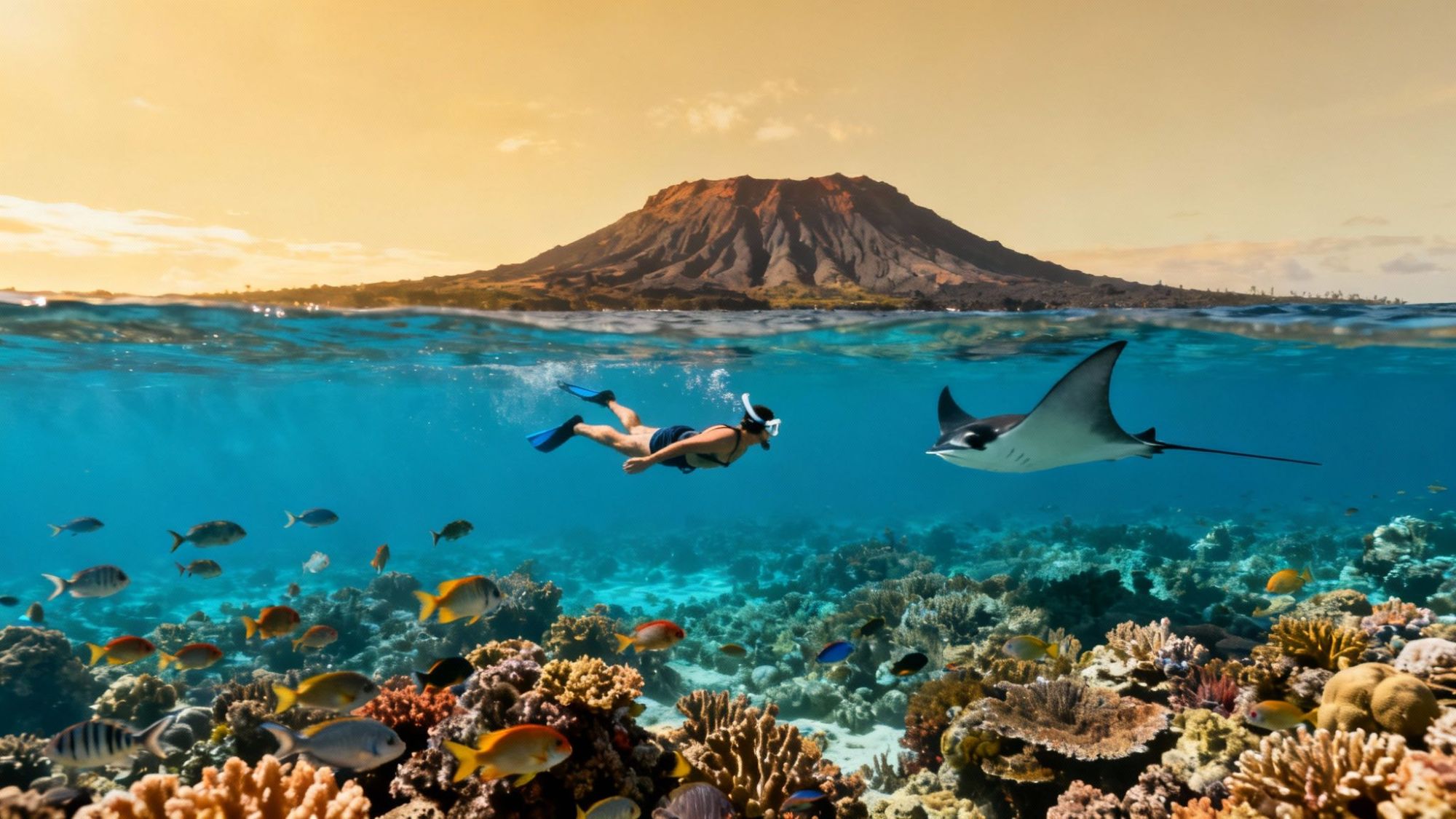 Snorkeler swimming with manta ray over coral reef, mountain in background.