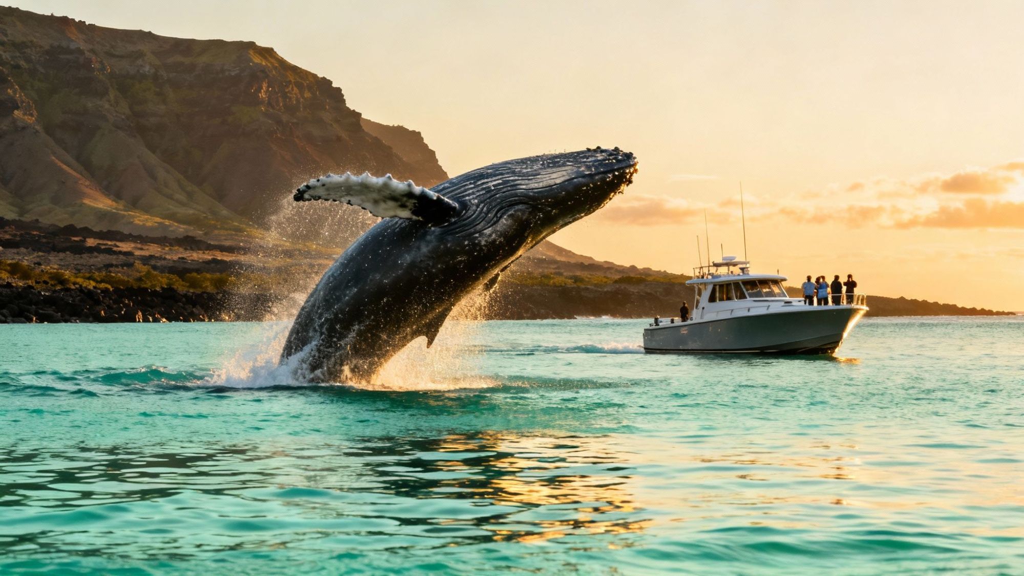 Whale breaching near a boat with people, against a sunset and mountain backdrop.