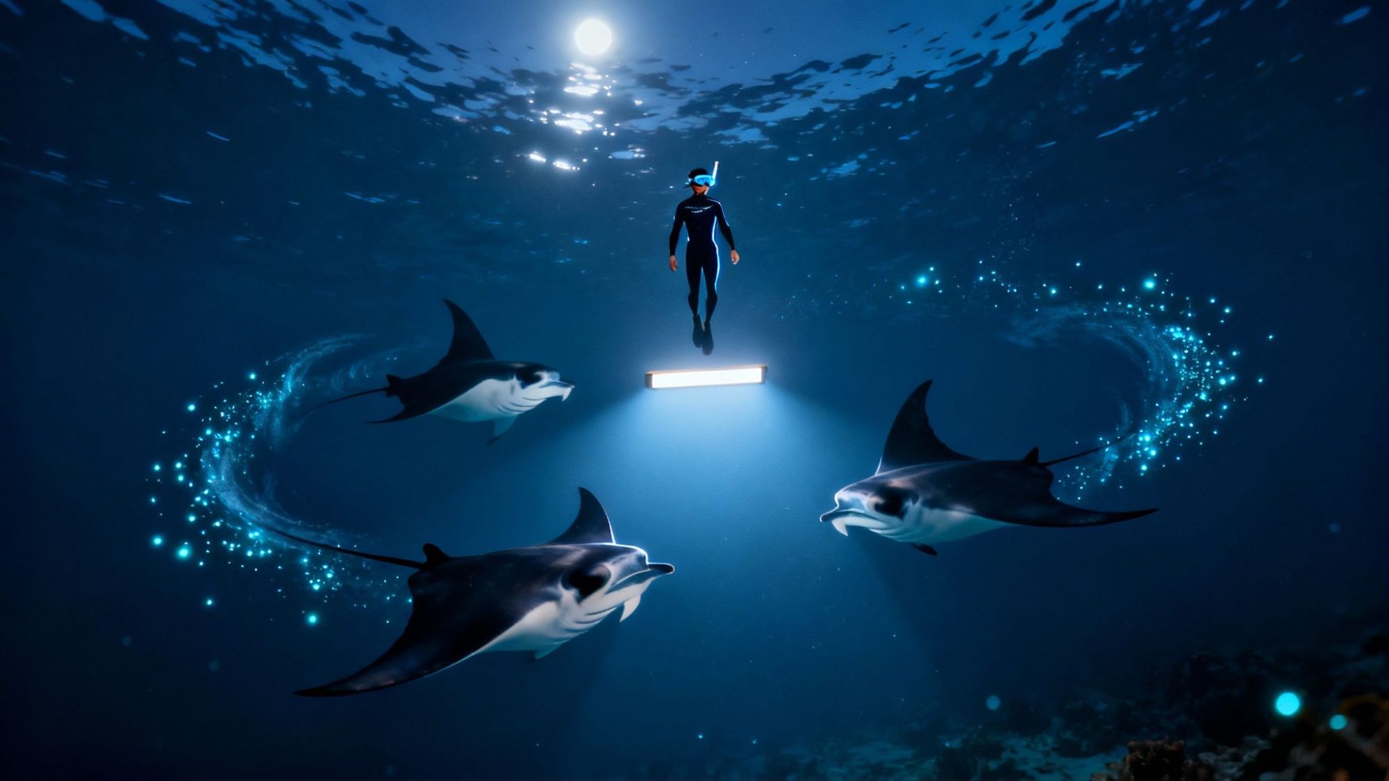 Scuba diver and three manta rays near illuminated area underwater at night.