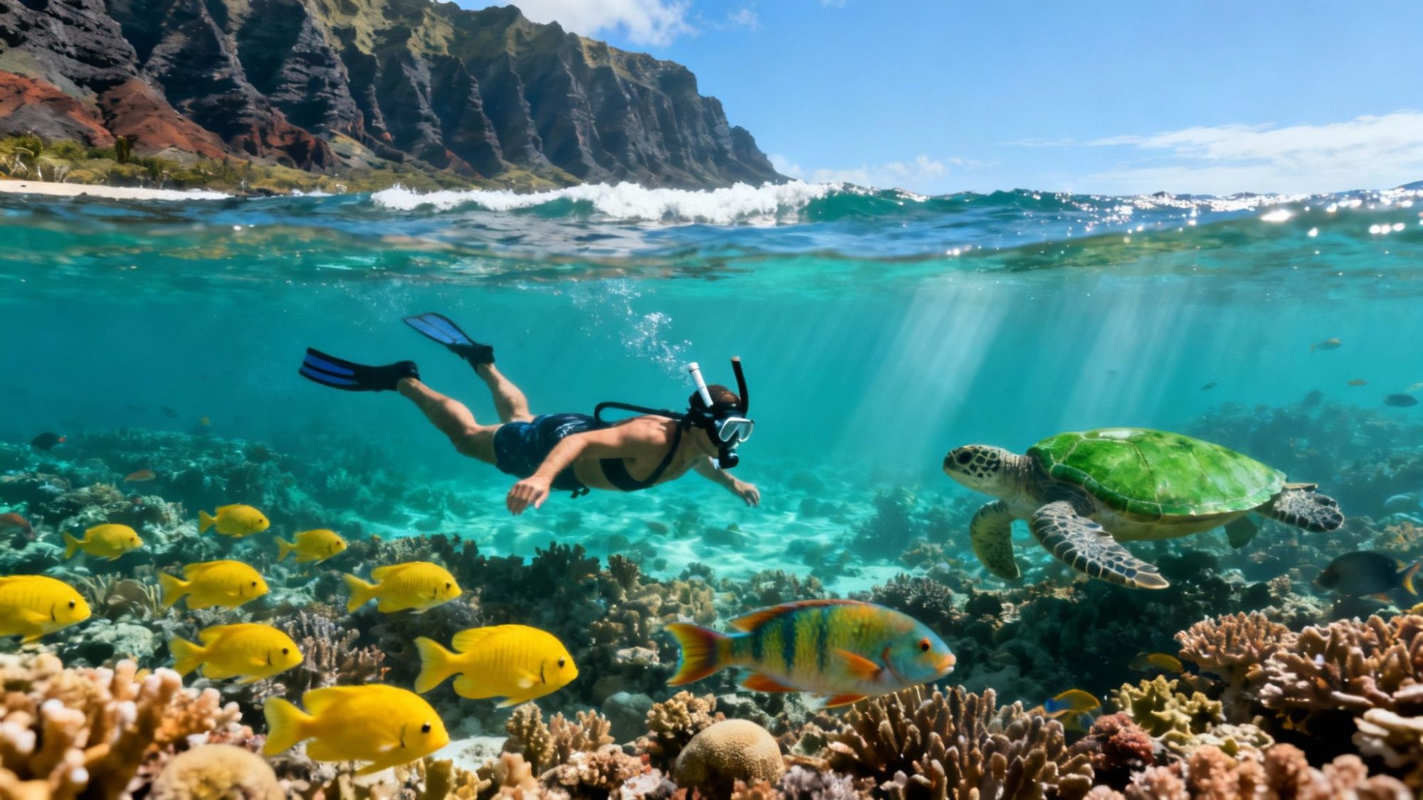 Snorkeler swims with a sea turtle and vibrant fish over coral reefs near a mountainous coast under clear sky.