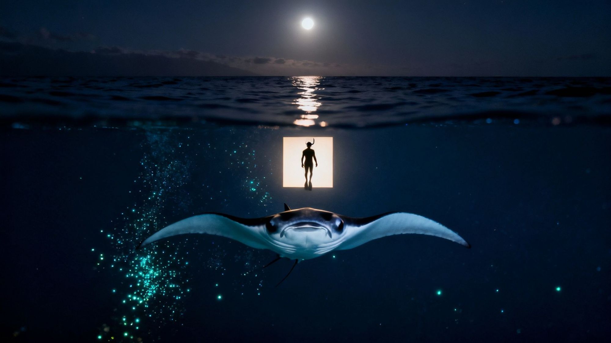 Silhouette of diver above glowing sea with manta ray and bioluminescence at night.