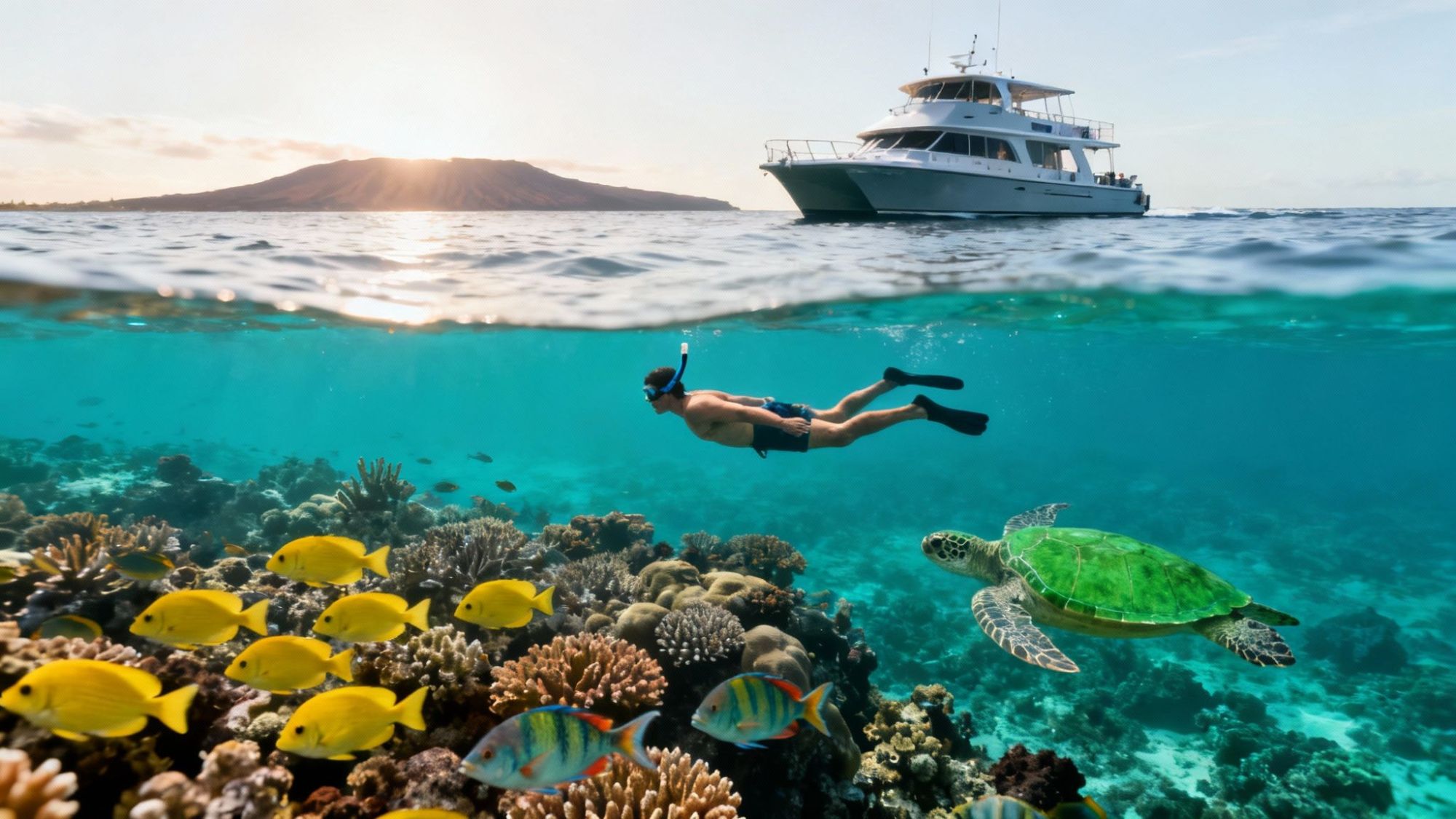 Snorkeler swimming above coral reef with fish and turtle; boat on surface, sunset in background.