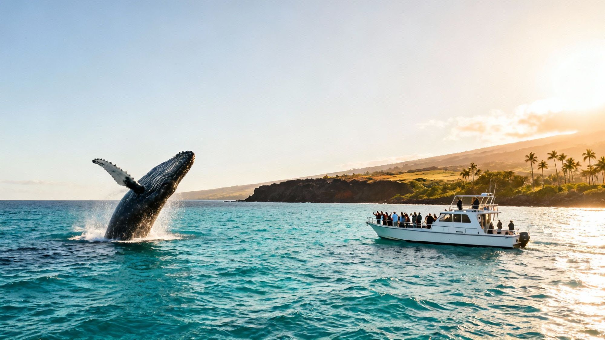 Whale breaching near tour boat on sunny ocean with palm-covered coastline in background.