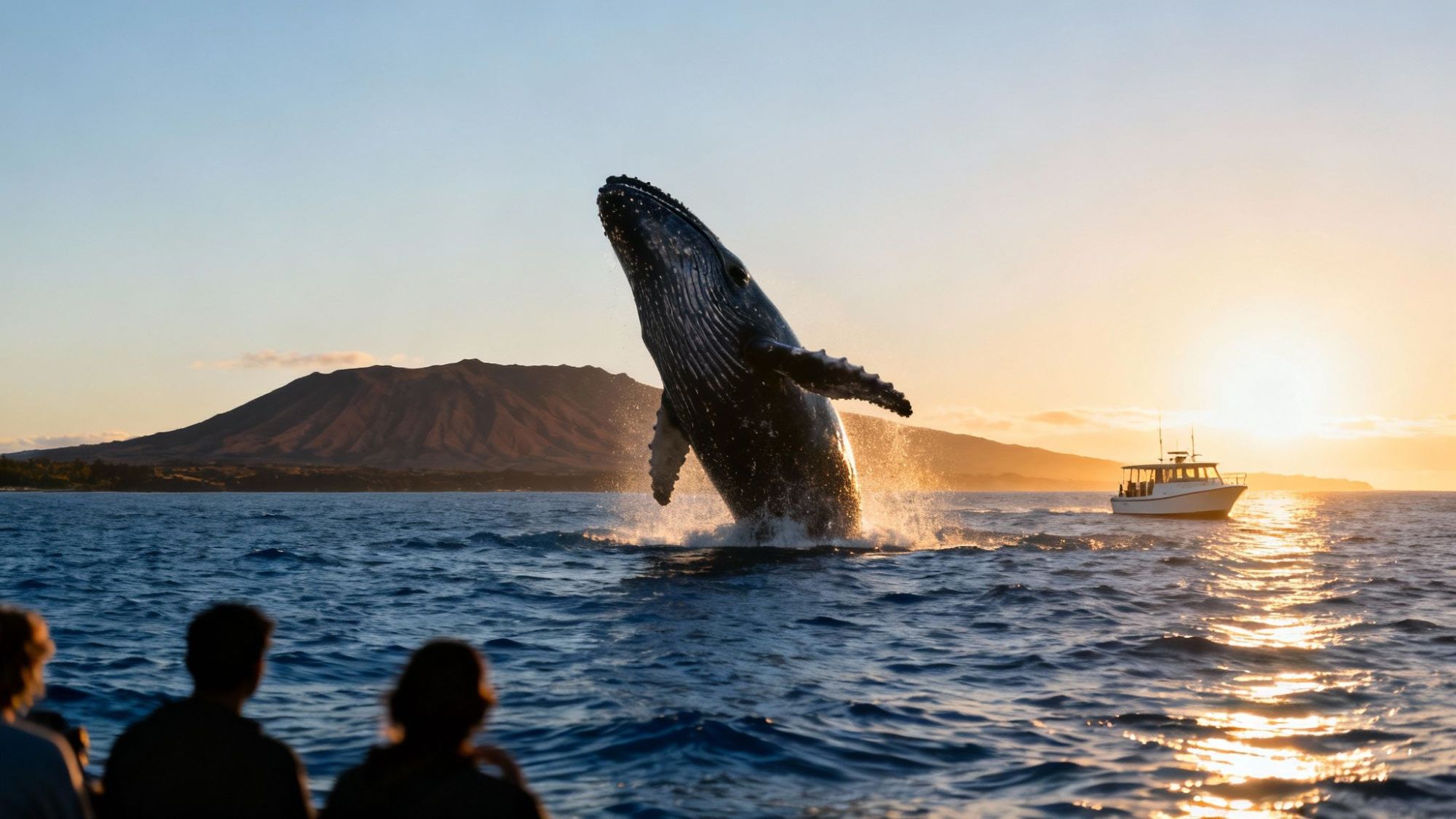 Whale breaching near a boat at sunset, mountain in the background, people watching in the foreground.