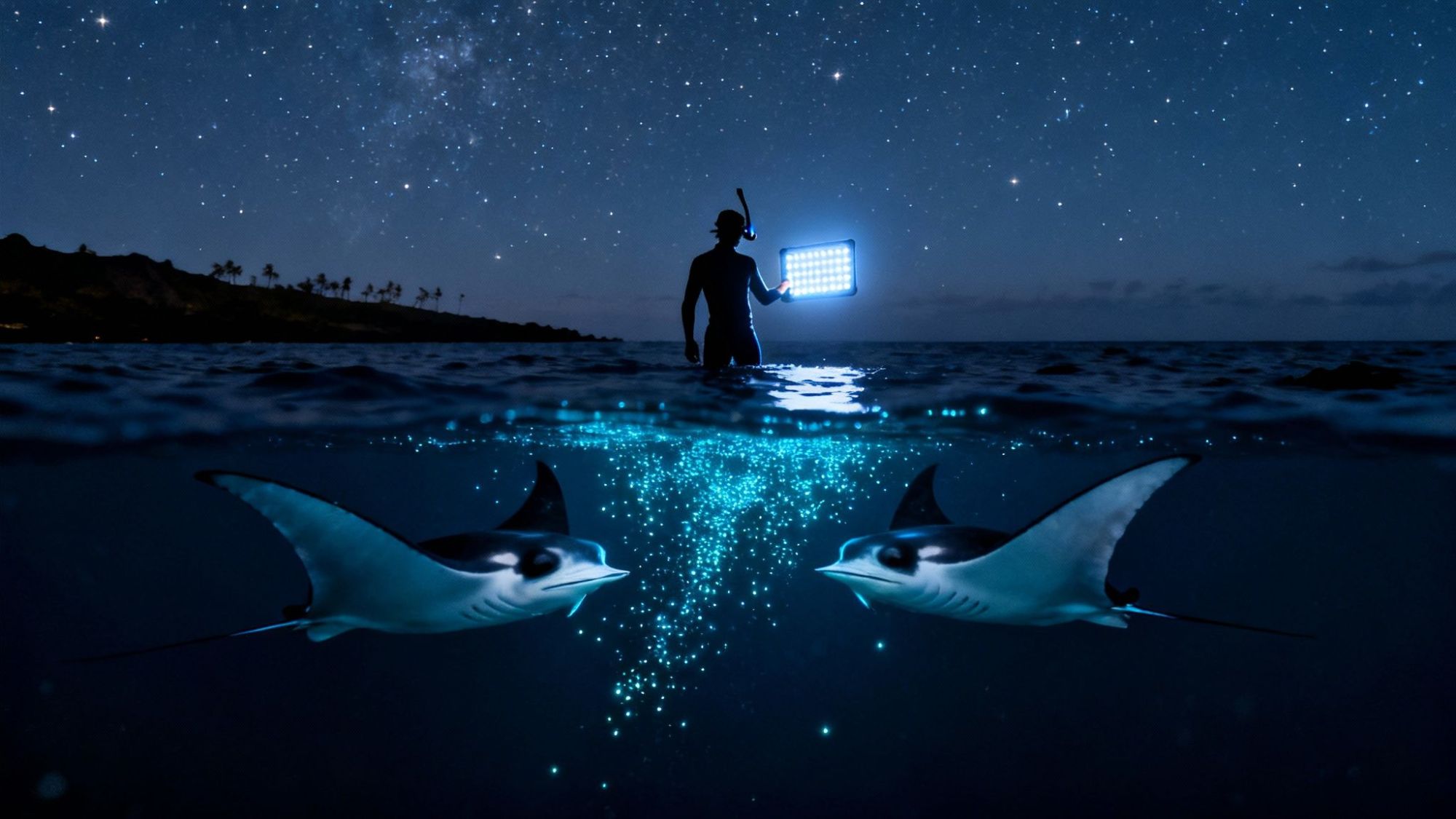 Snorkeler with light and two manta rays in bioluminescent ocean under starry night.