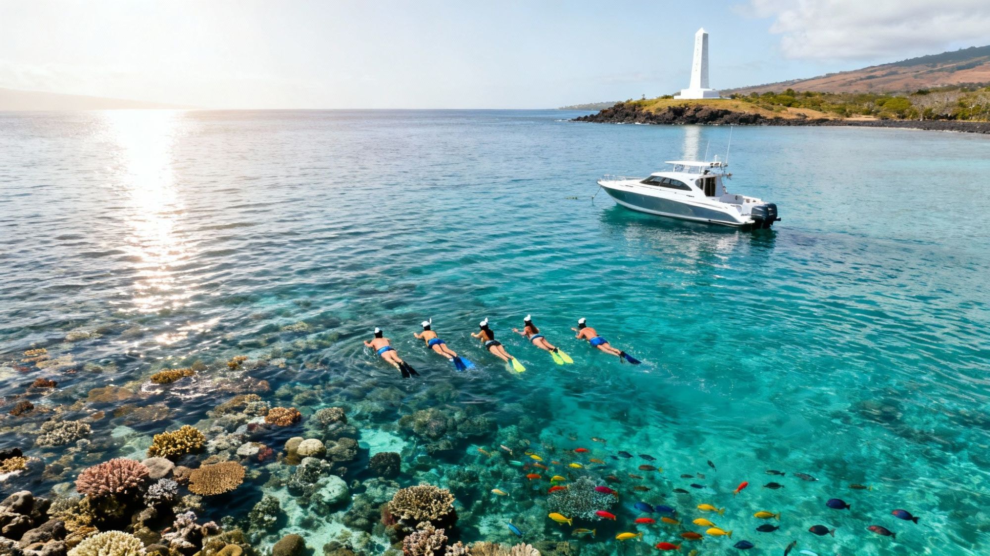 Five snorkelers swim near a boat over colorful coral and fish, with a lighthouse and island in the background.