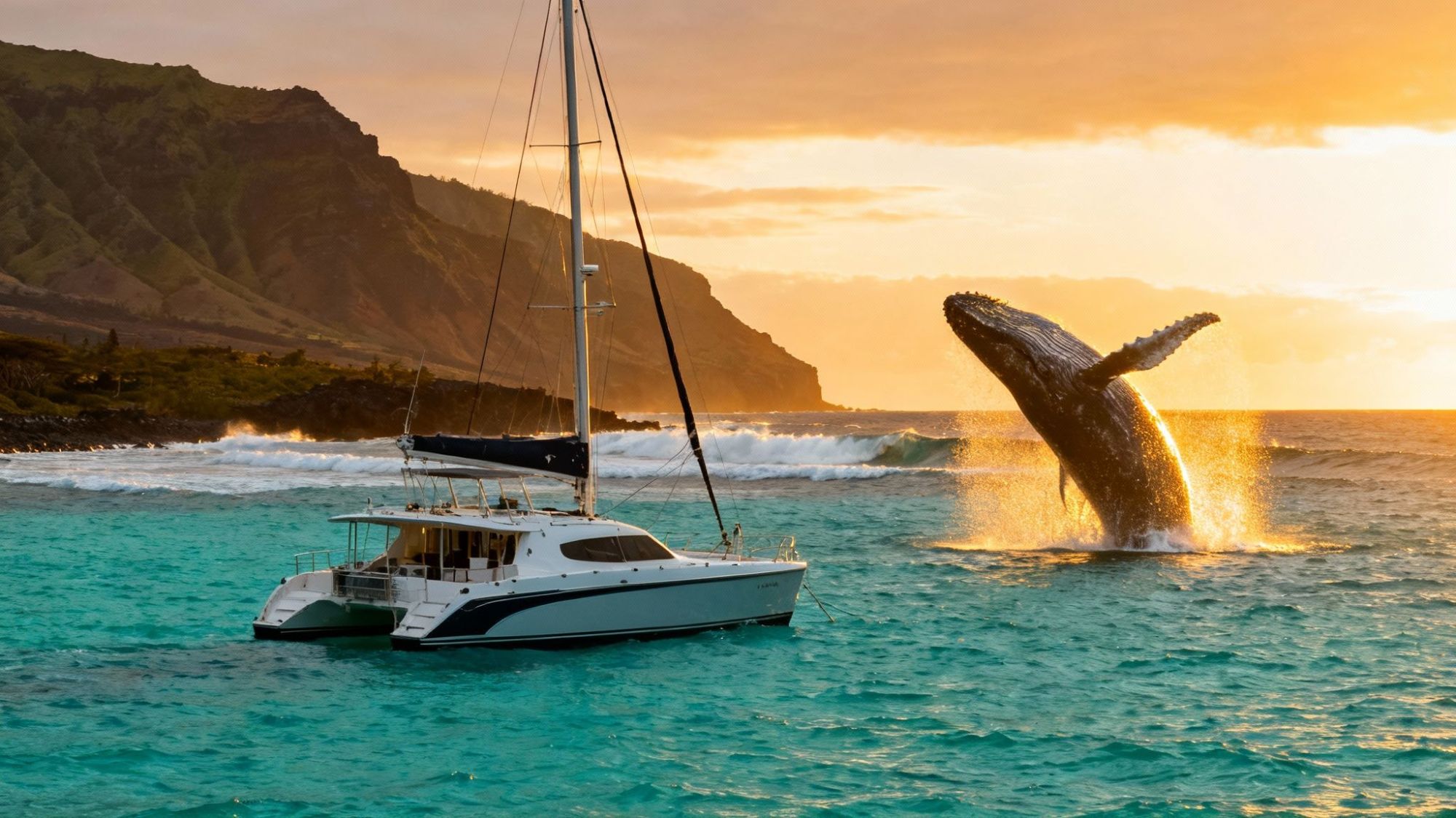 Sailboat on turquoise sea with breaching whale and mountains at sunset.