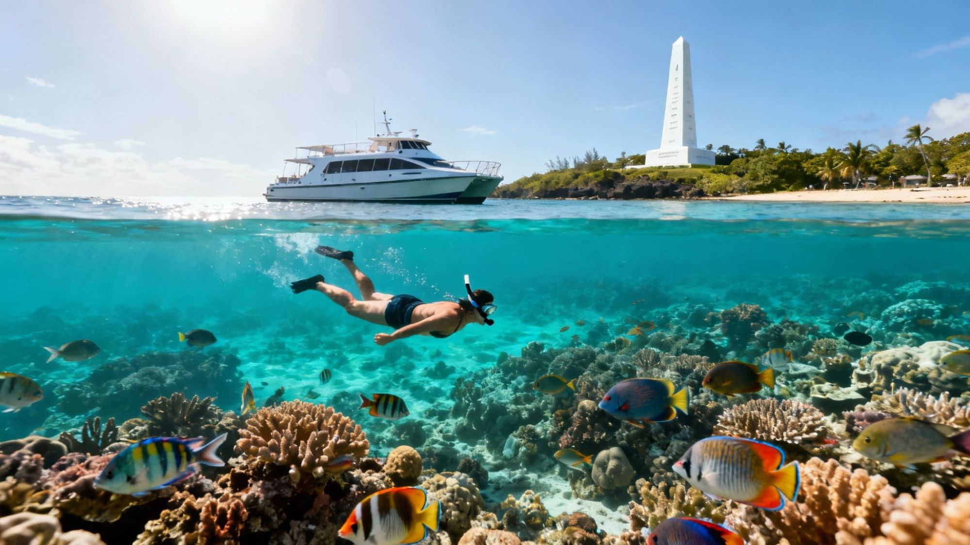 Snorkeler swimming over coral reef with tropical fish, boat in background, monument on shore.