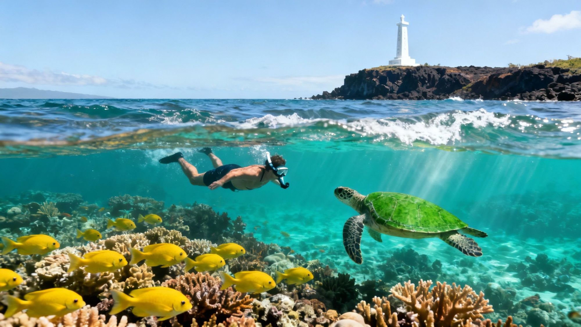 Underwater view of snorkeler, sea turtle, and yellow fish near coral reef with lighthouse in background.