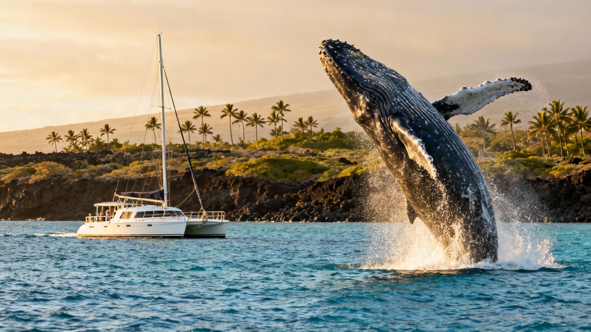 Humpback whale breaching near sailboat with palm trees in background.