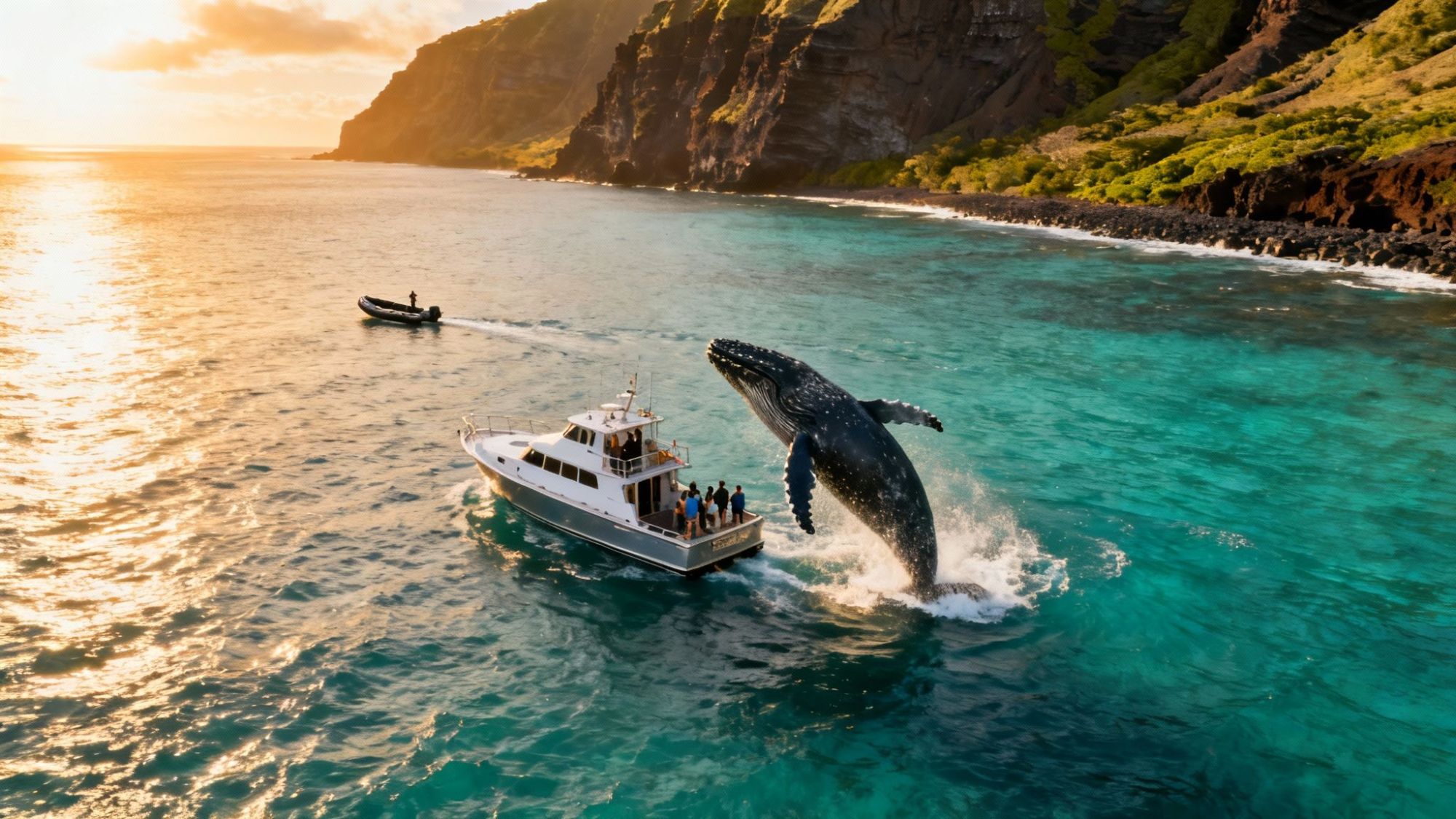 A whale jumps near a boat in clear blue water by a rocky coast under a setting sun.