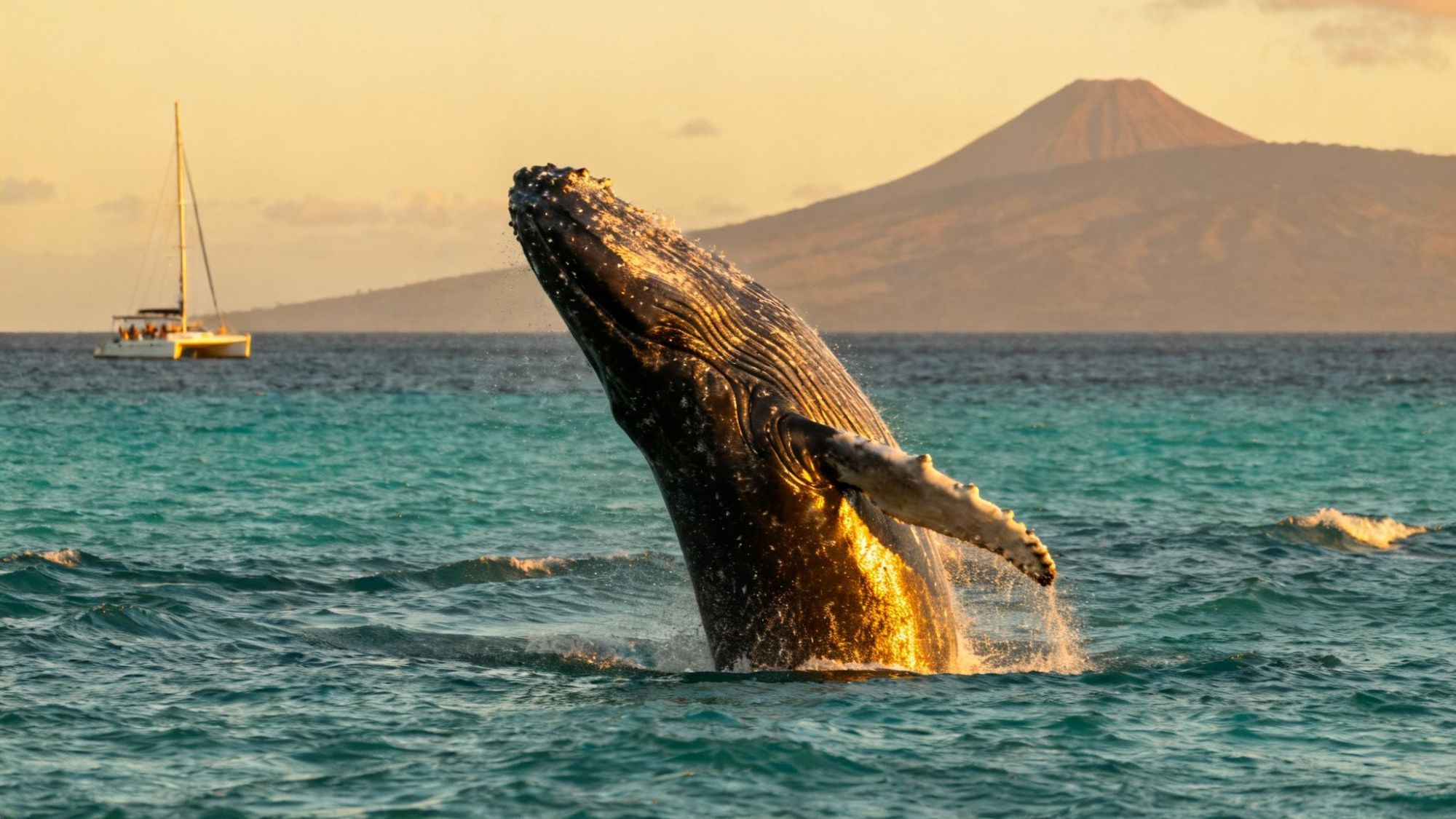 Whale breaching near a sailboat with a mountain in the background at sunset.