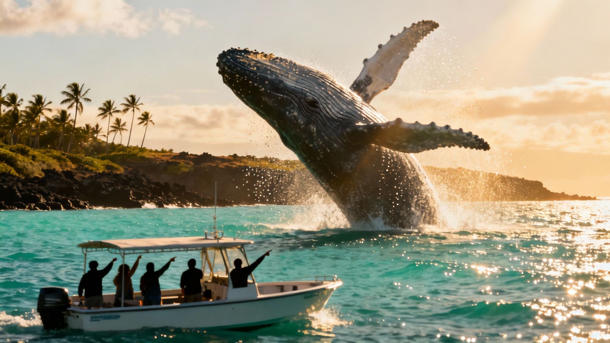 Humpback whale breaching near a small boat with people, against a tropical island backdrop.