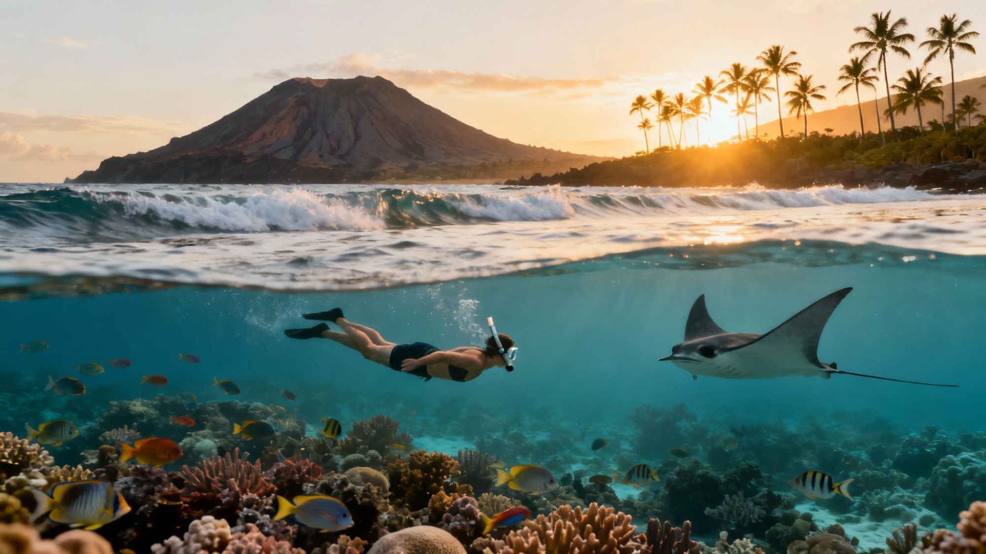 Snorkeler and manta ray in clear water near coral reef, with sunset and volcano in the background.