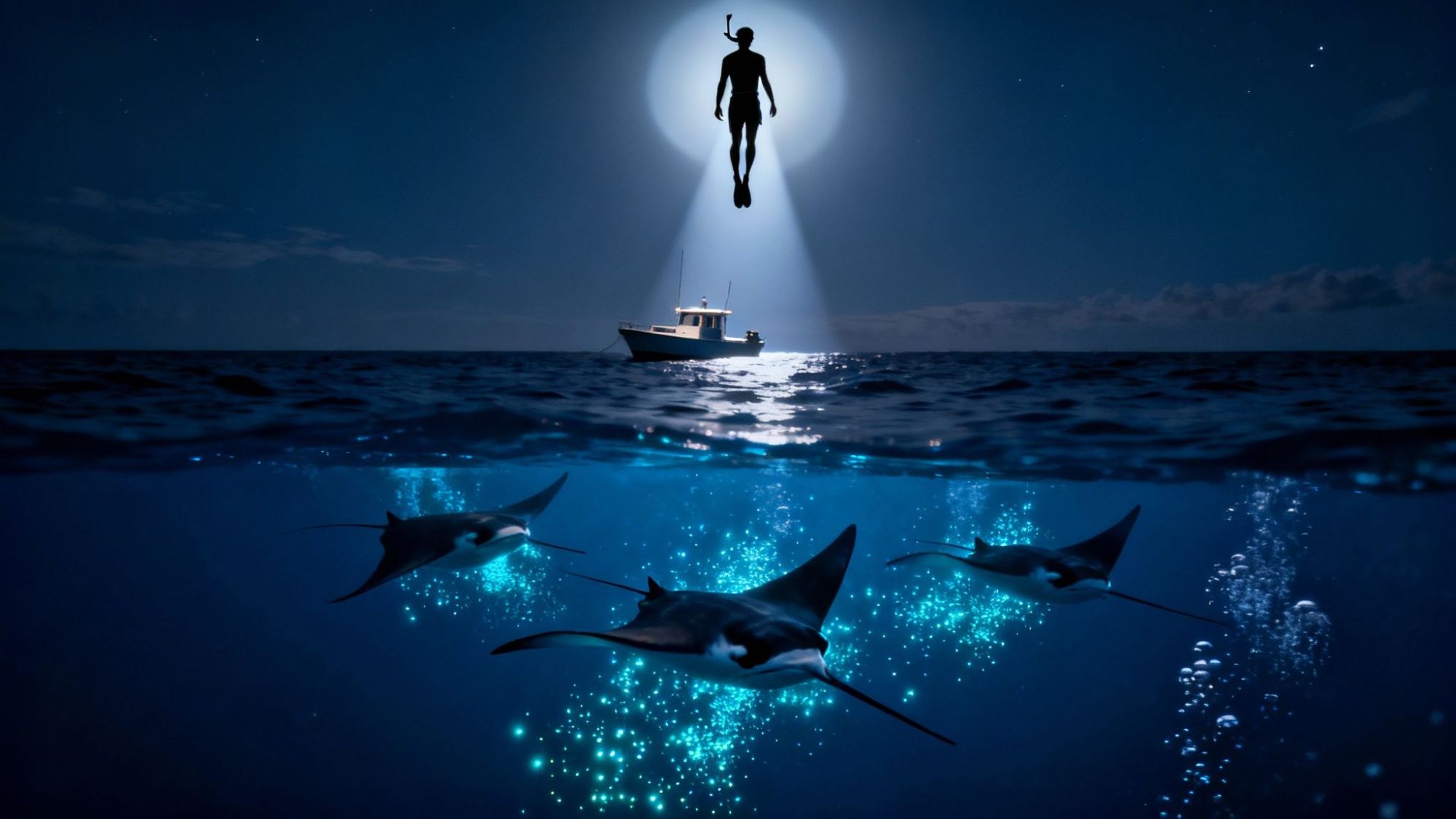 Snorkeler lit by boat, rises above water in moonlight; manta rays swim below with glowing bubbles.