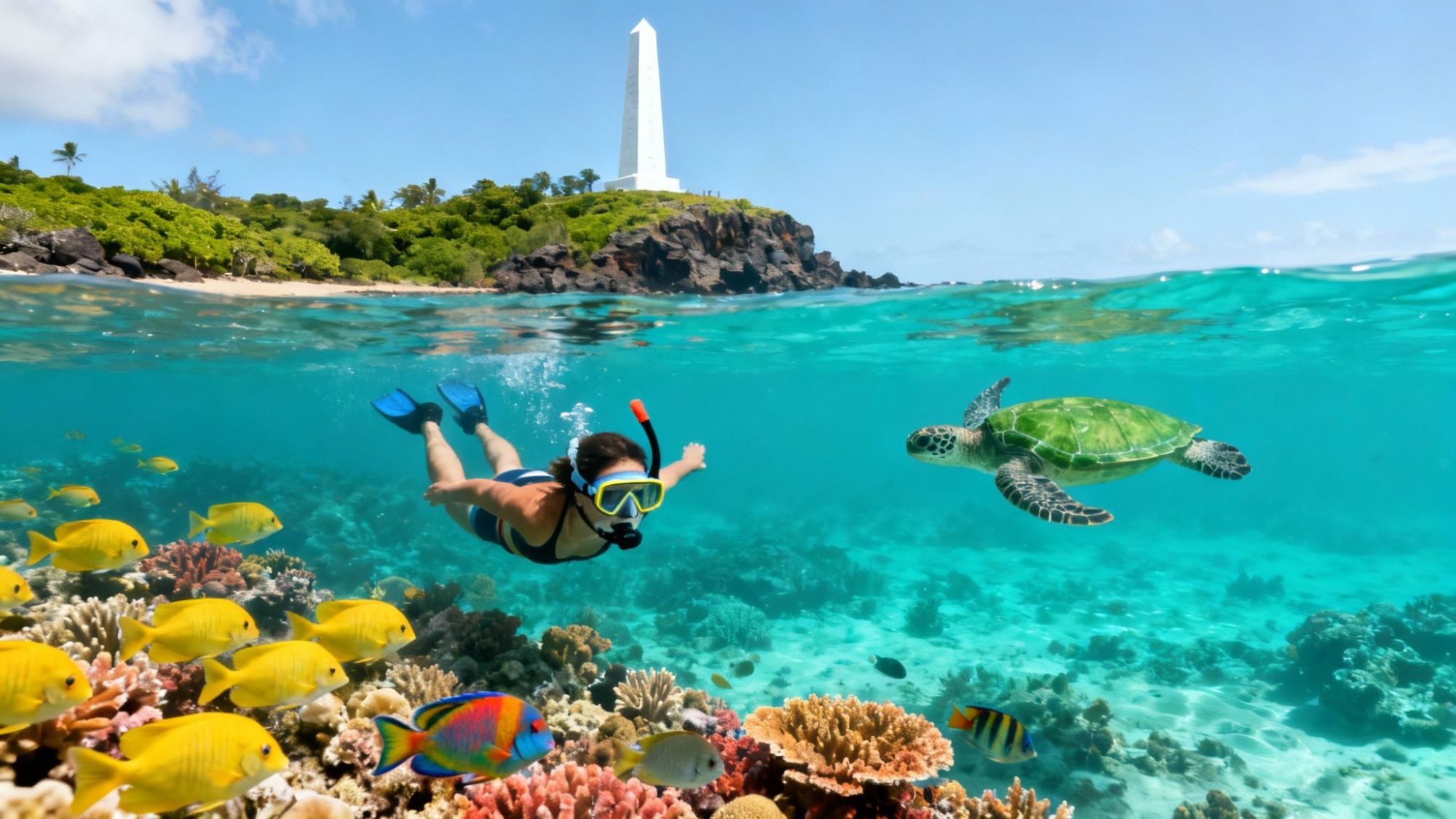 Snorkeler swims near coral and fish, with a sea turtle and coastal monument in the background.