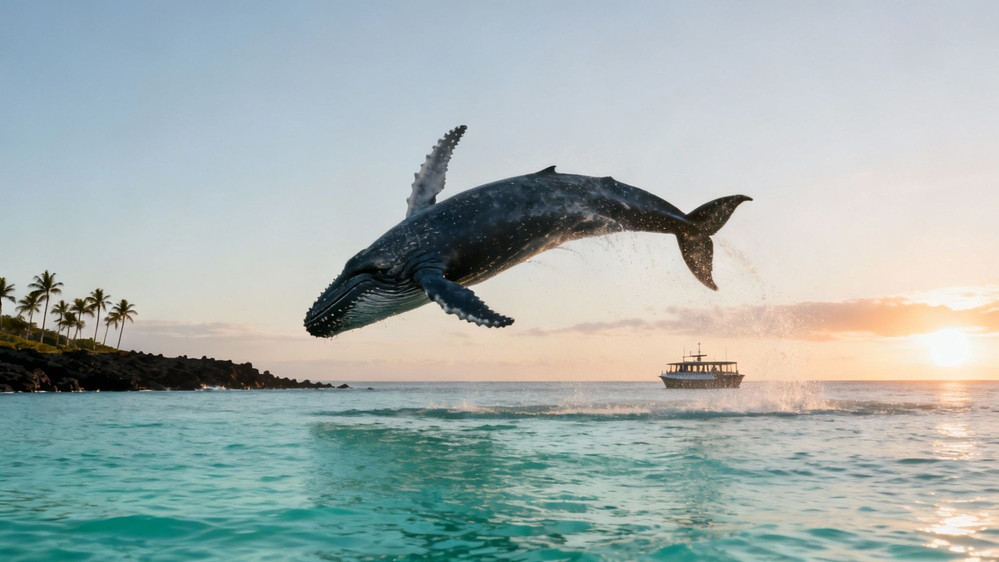 Whale breaching near a boat at sunrise, with palm trees and rocky shoreline in the background.
