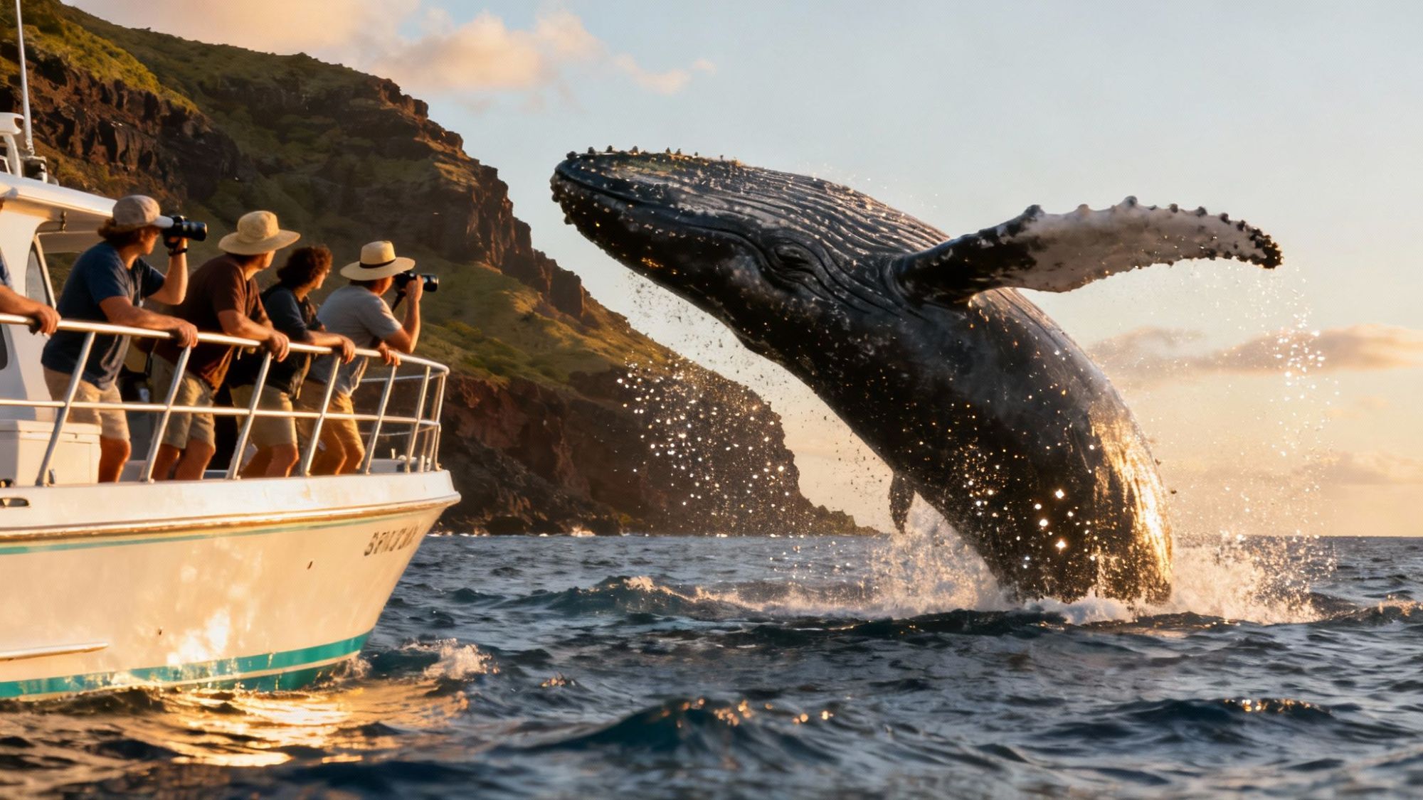 Whale breaching near a boat with onlookers at sunset, rocky cliffs in background.