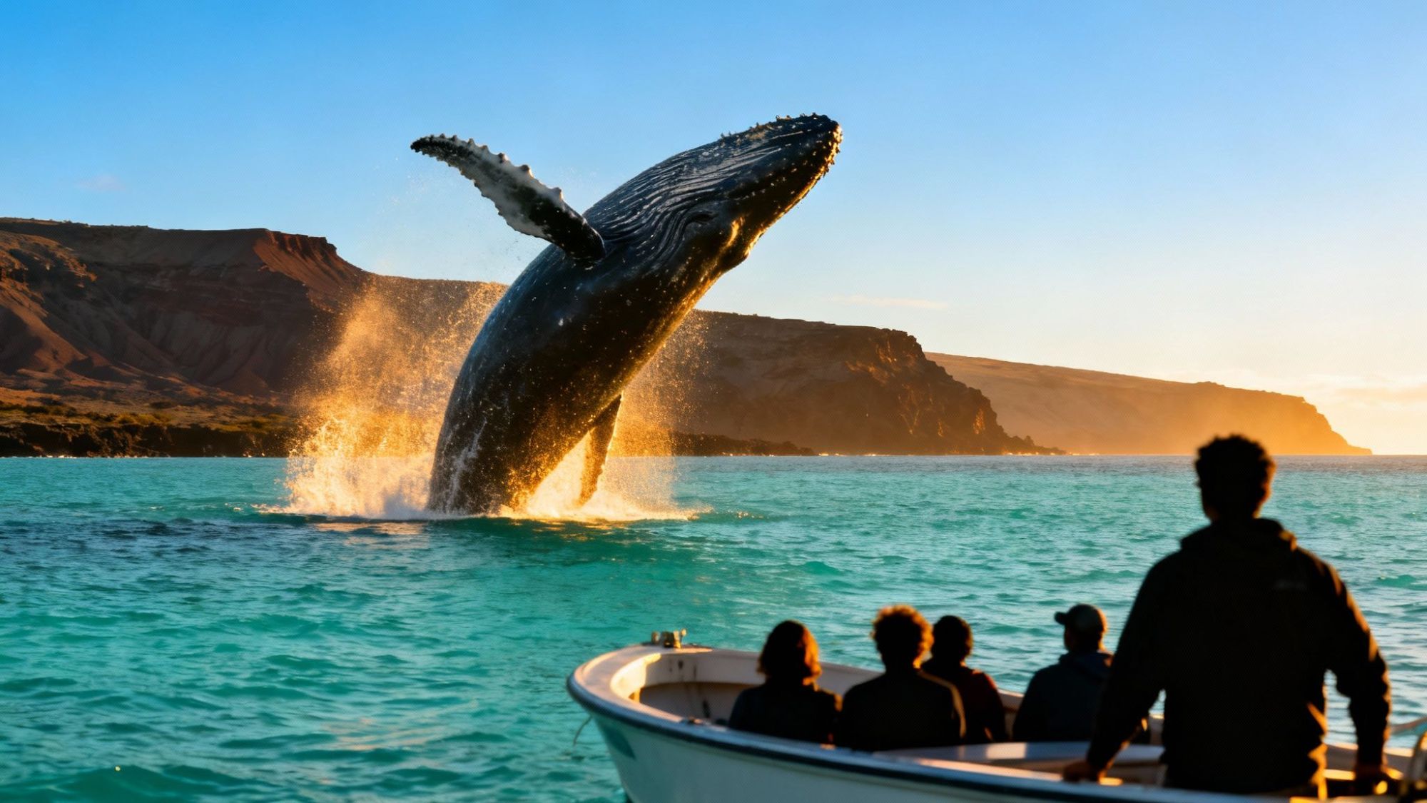 A whale breaches near a small boat with people watching against a coastal backdrop at sunset.