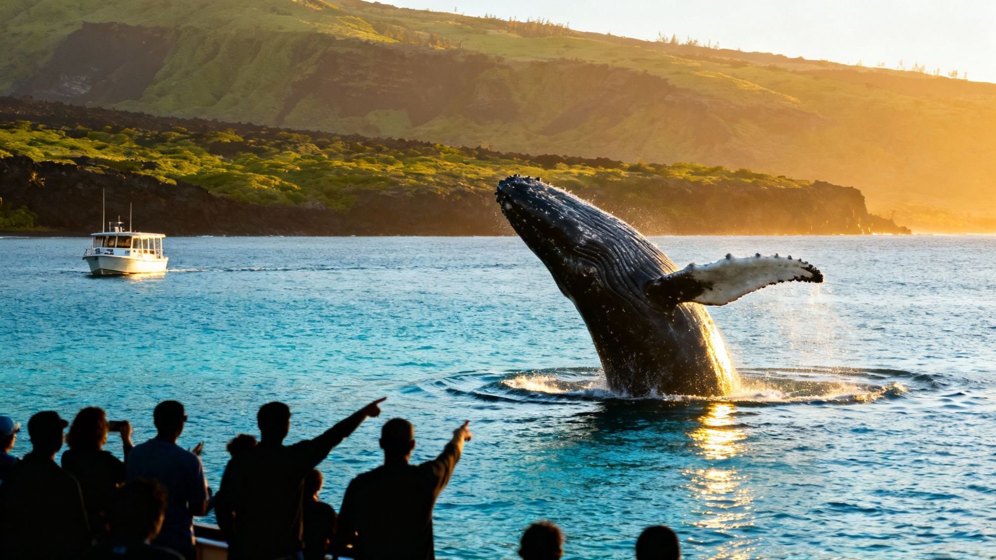 Humpback whale breaching near people watching on a boat at sunset, with a distant coastline.