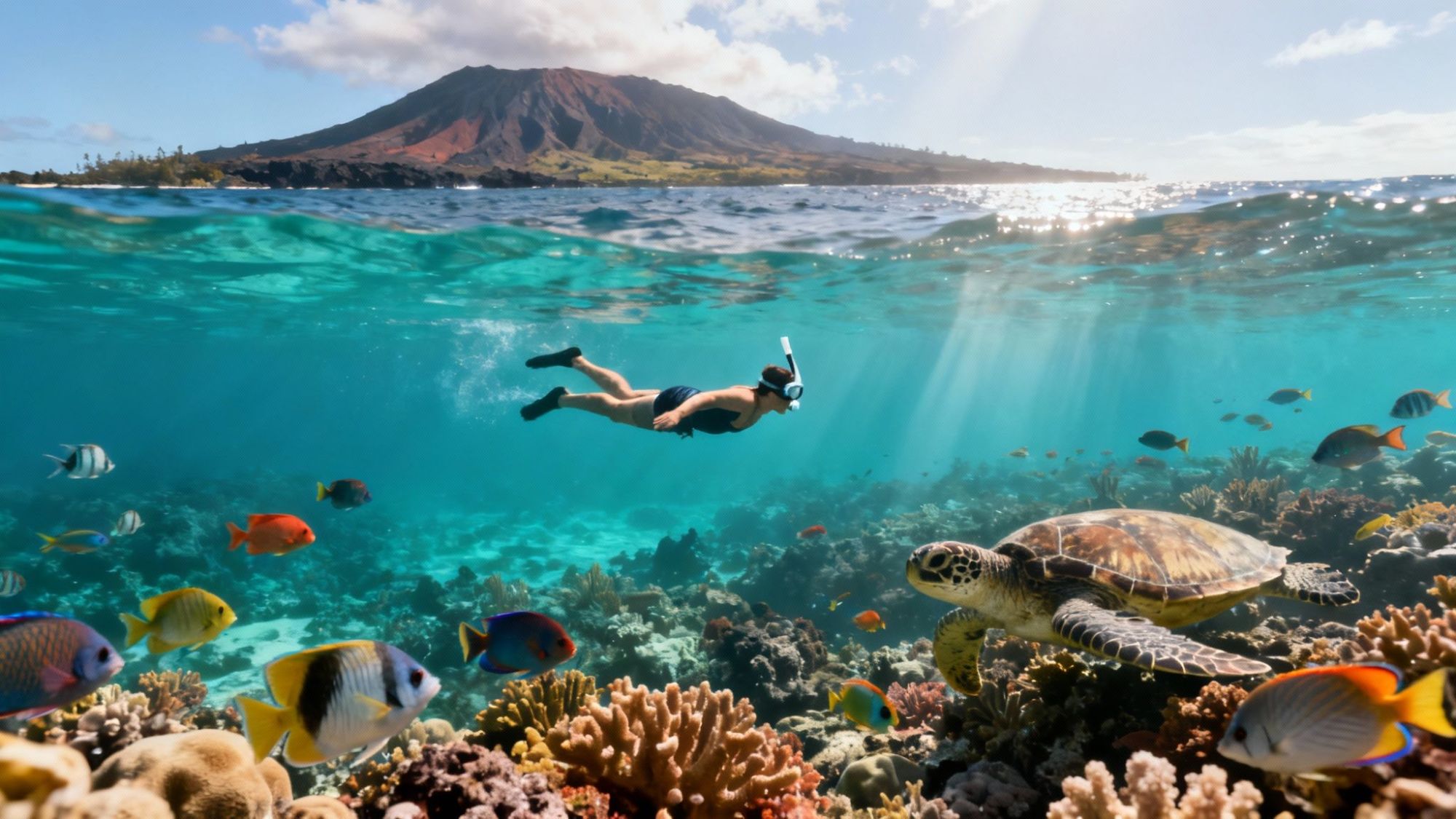 Snorkeler swims near vibrant fish and a turtle in clear waters, with a mountain in the background.