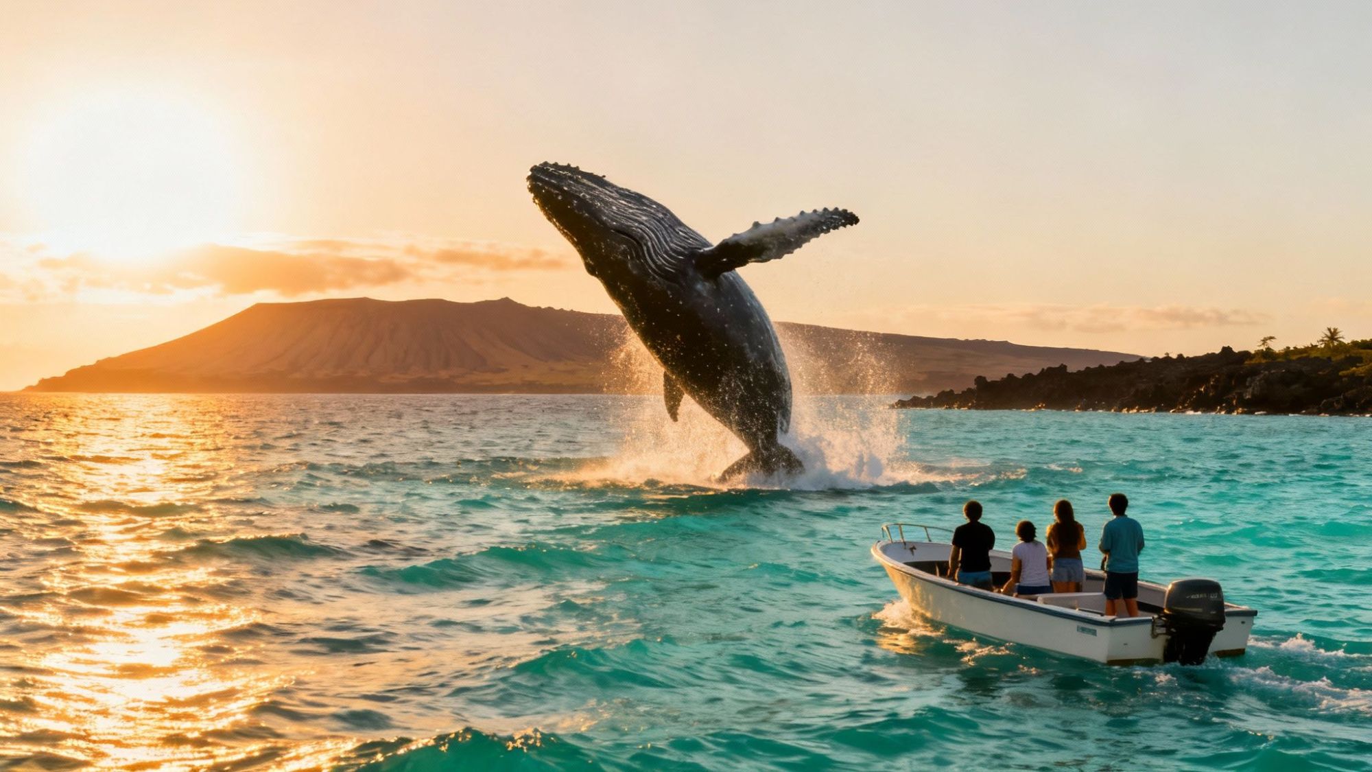 Whale breaching near boat with people at sunset, island in background.