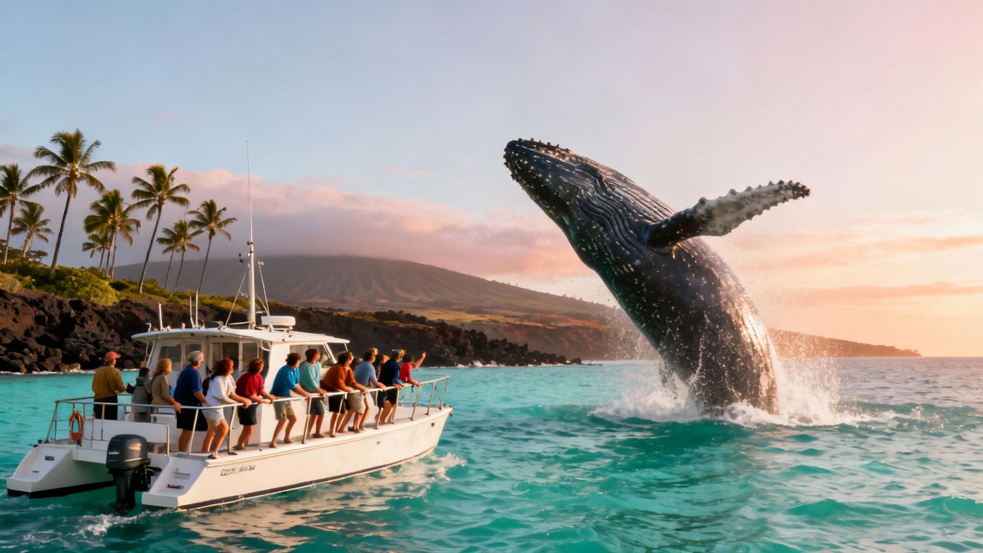 People on a boat watch a whale breaching near a tropical island at sunset.