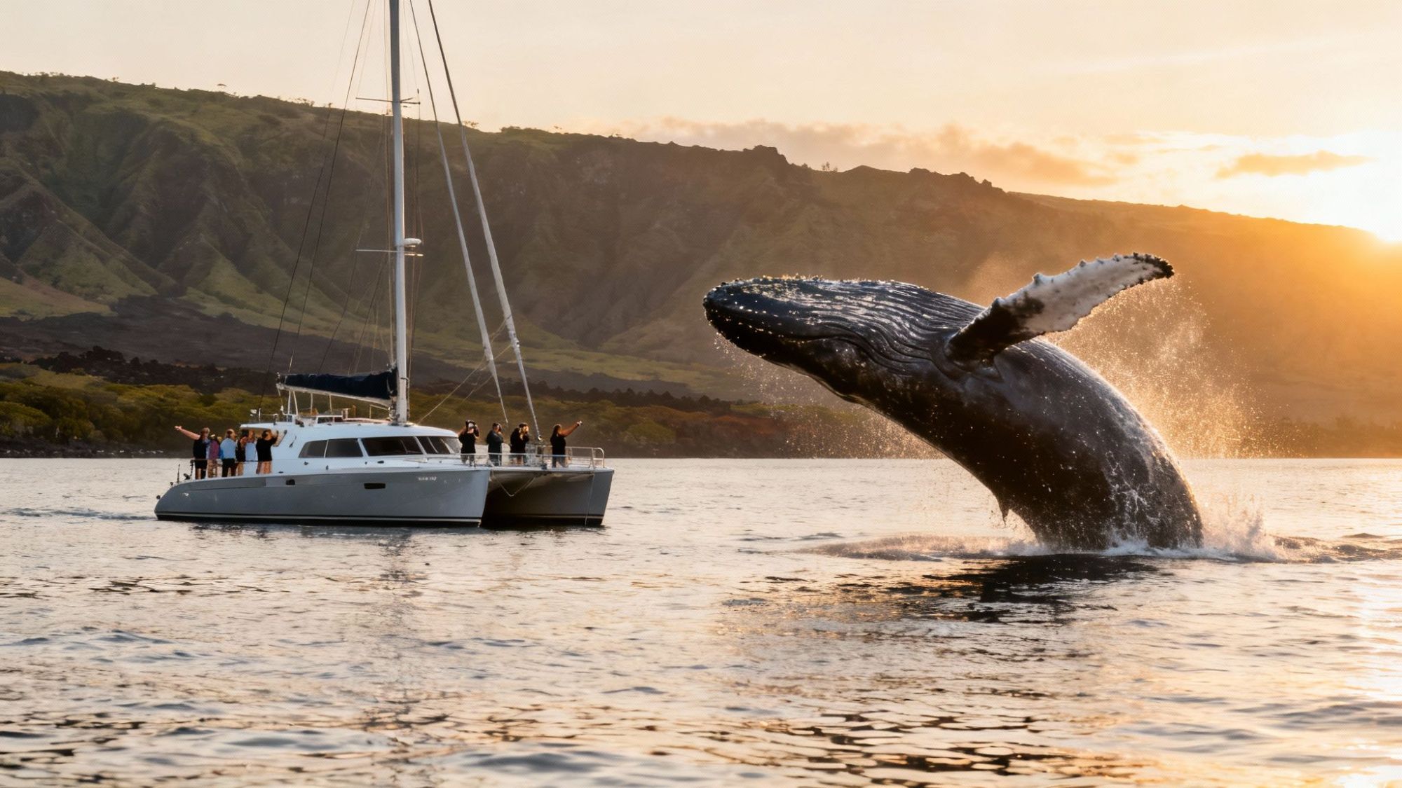 Whale breaching near a sailing boat with people at sunset, mountains in background.
