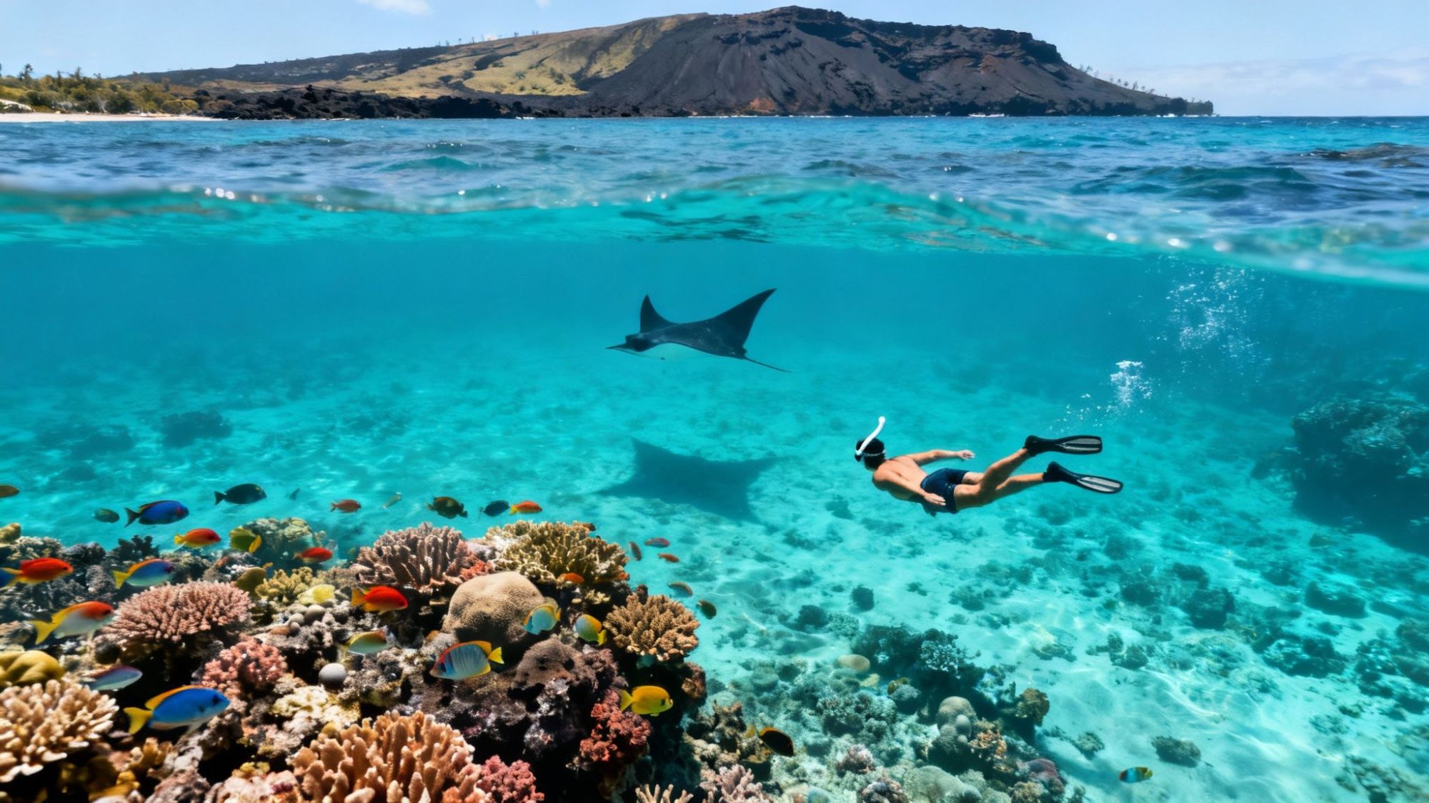 Snorkeler swims near coral reef and manta ray in clear blue water with island in background.