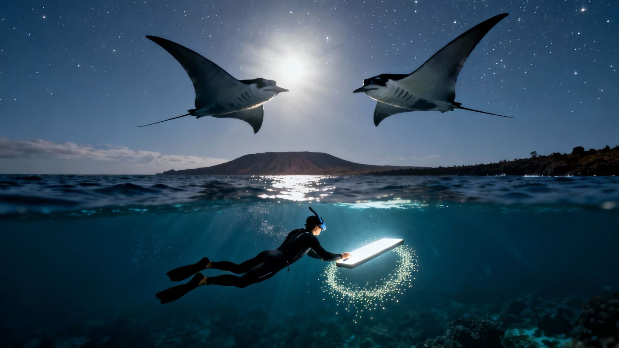 Diver beneath the ocean surface with manta rays above, illuminated by moonlight and stars.