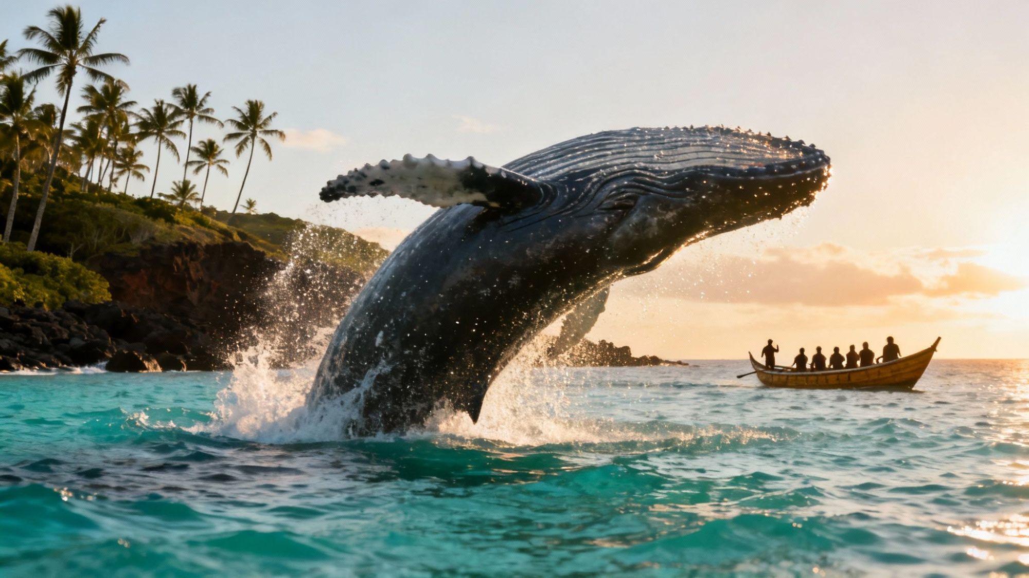 Whale breaching near boat at sunset, palm-lined coast in background.