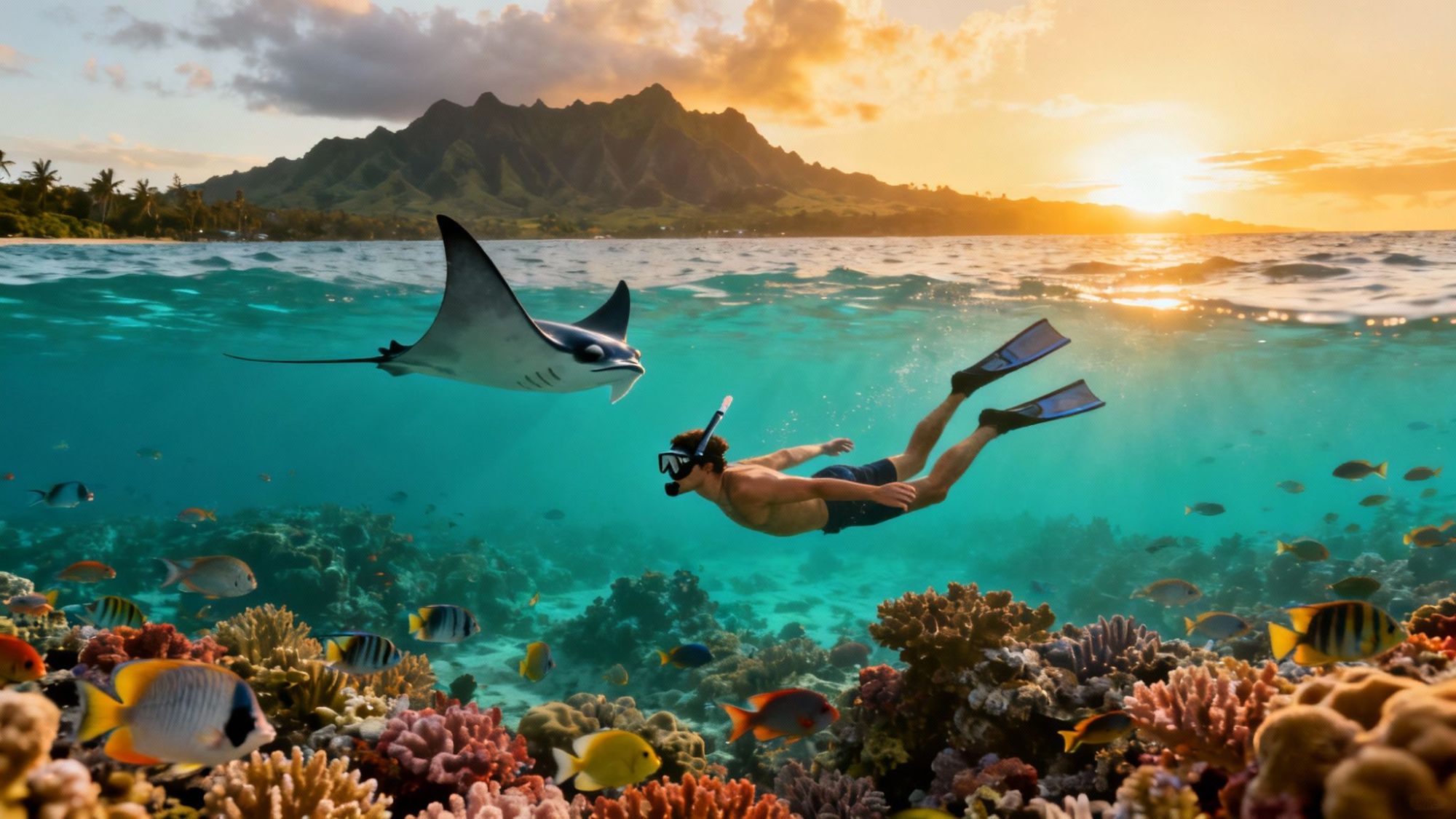 Snorkeler and manta ray swimming near coral reef with sunset and mountains in background.