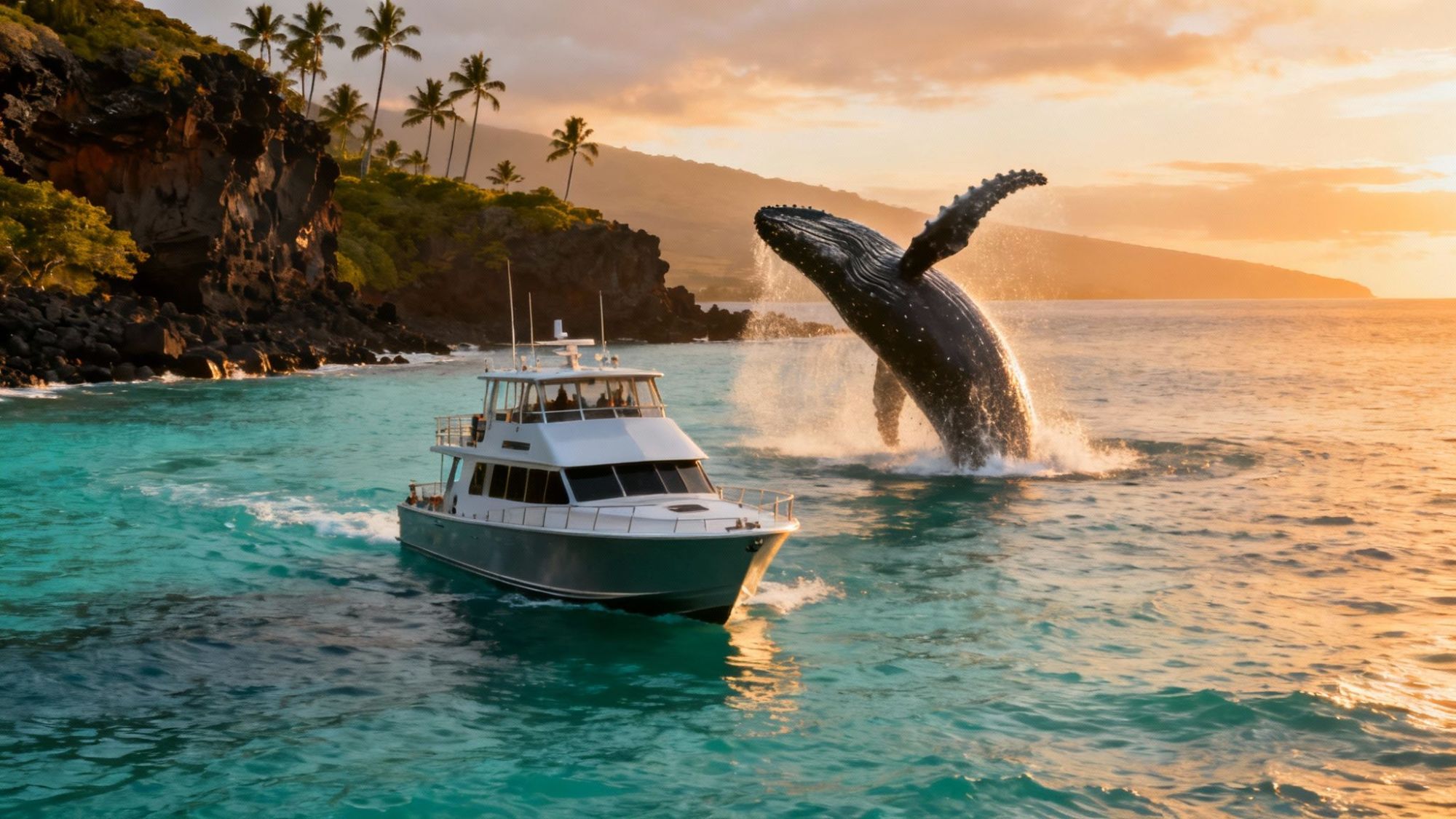 Whale breaching near boat in tropical ocean with palm trees and sunset.