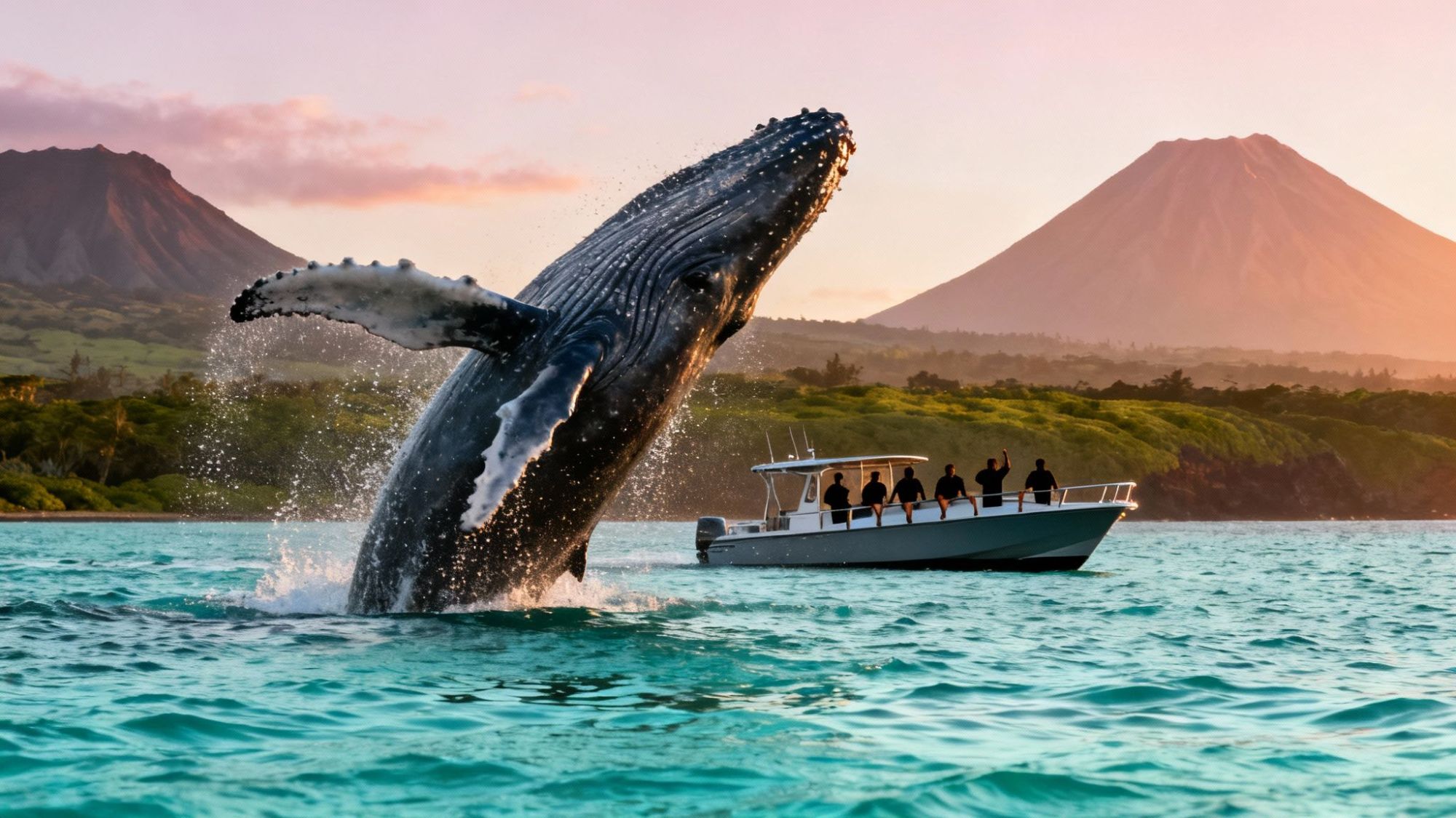 Whale breaching near a boat with people, mountains visible in background.