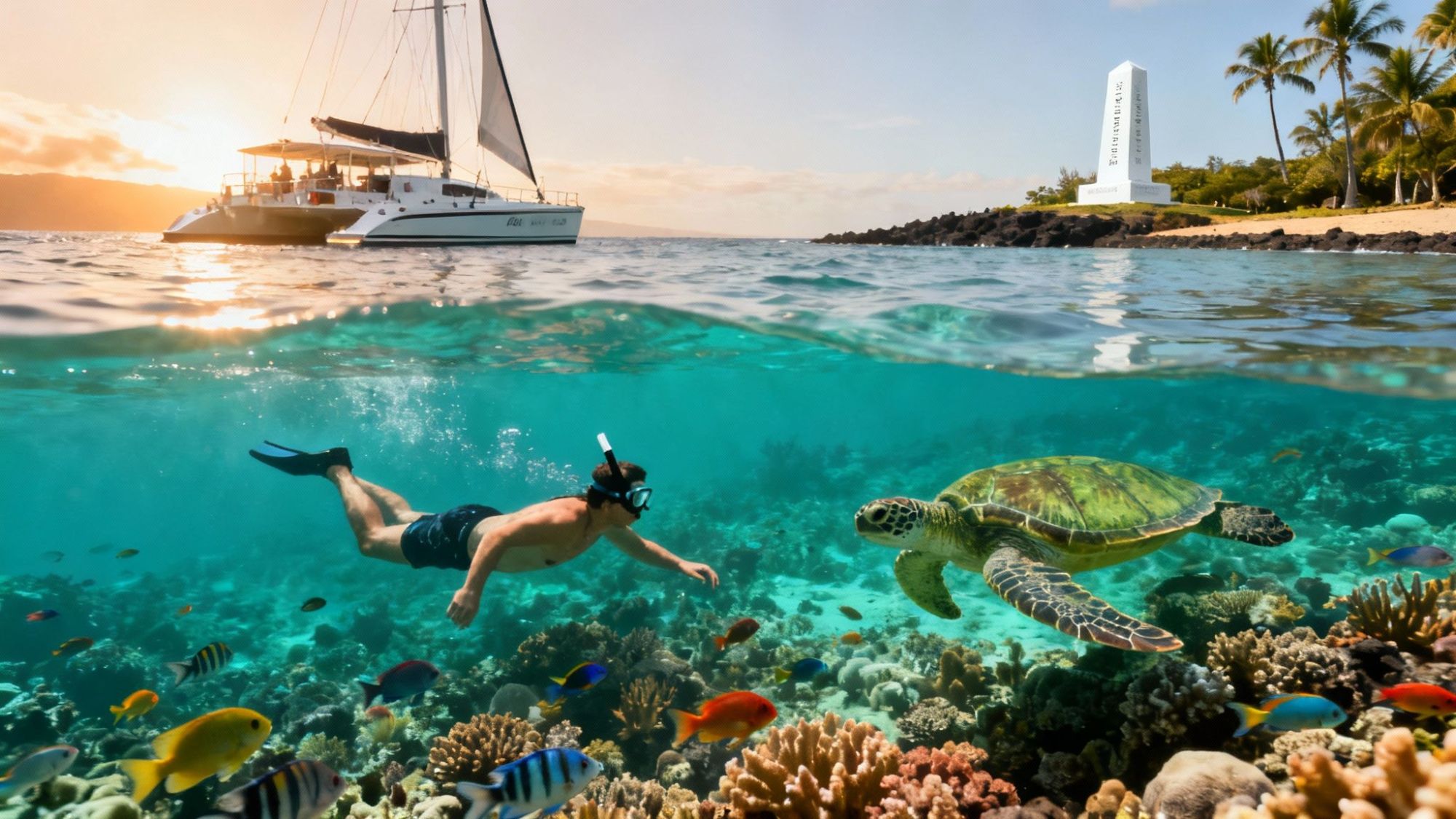 A snorkeler swims with a sea turtle over coral, near a sailboat and tropical beach at sunset.
