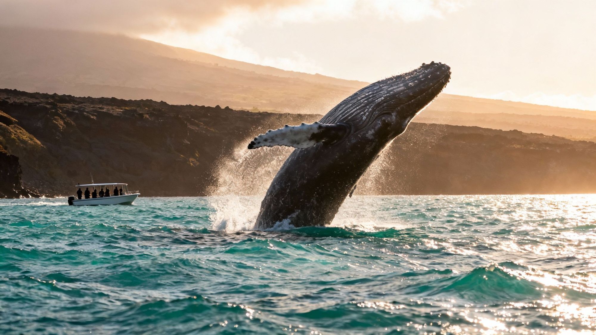 Whale breaching near a small boat on ocean, with rocky coast and hills in background.