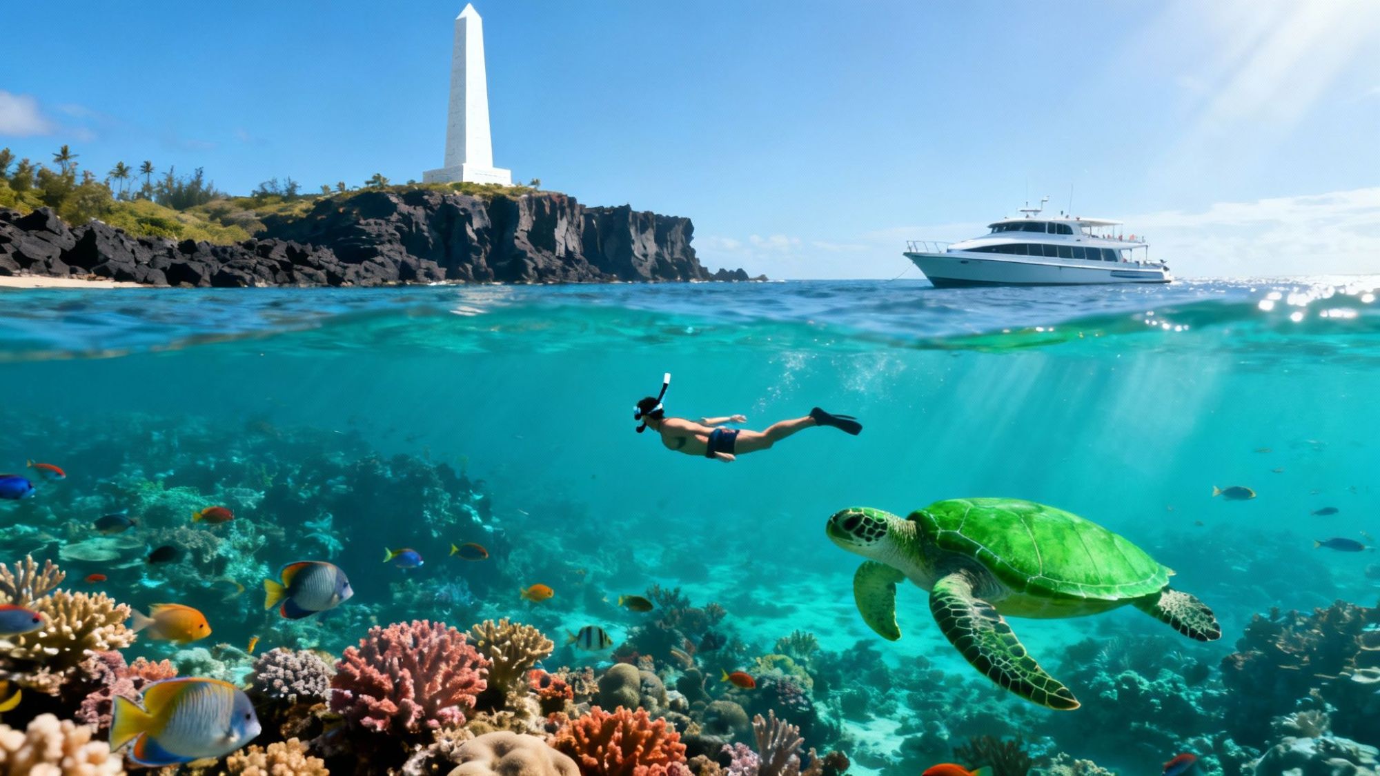 Snorkeler near sea turtle in clear water; monument and yacht in background above water.