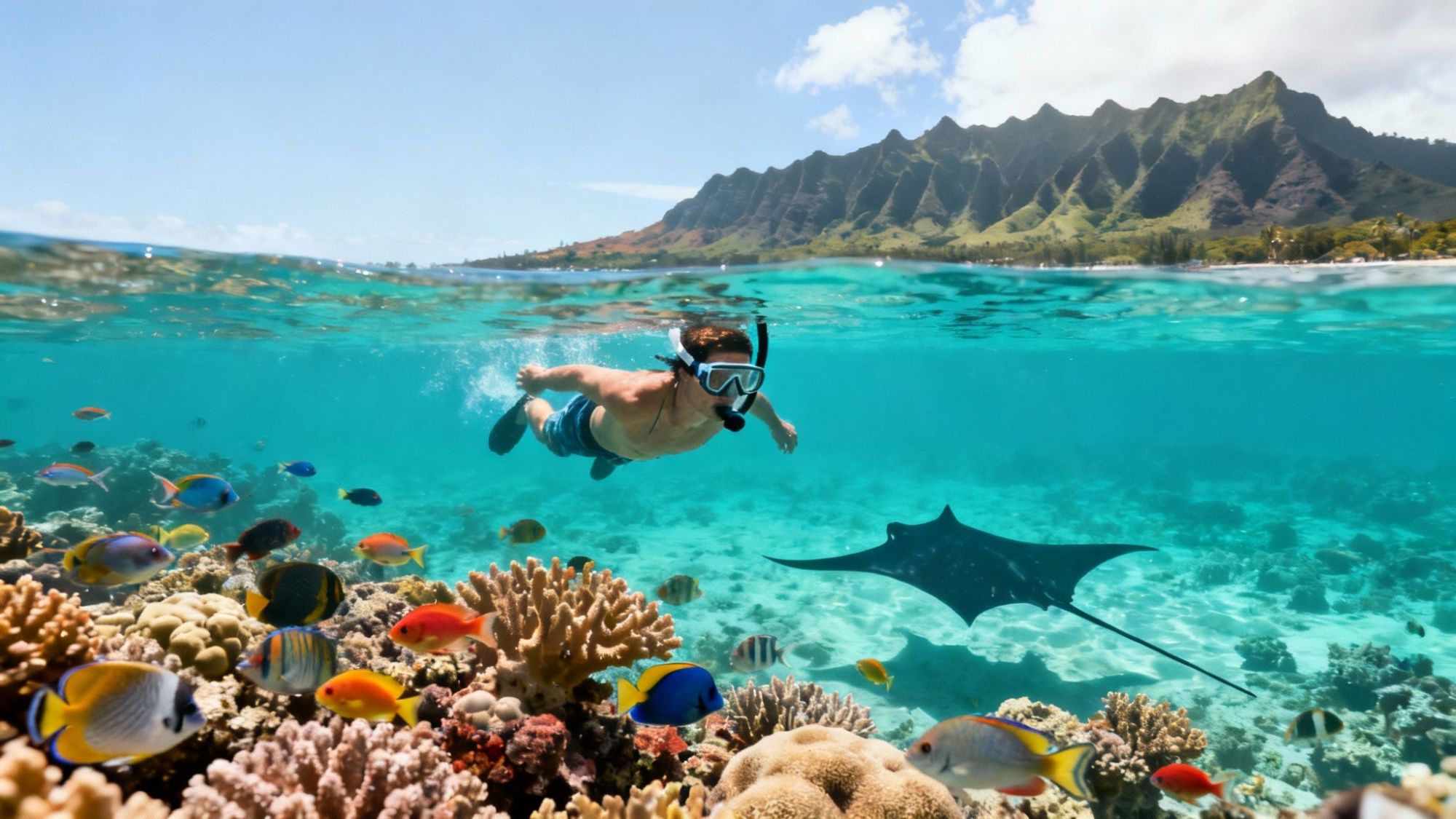 Person snorkeling over vibrant coral reef with fish and manta ray, mountains in background.