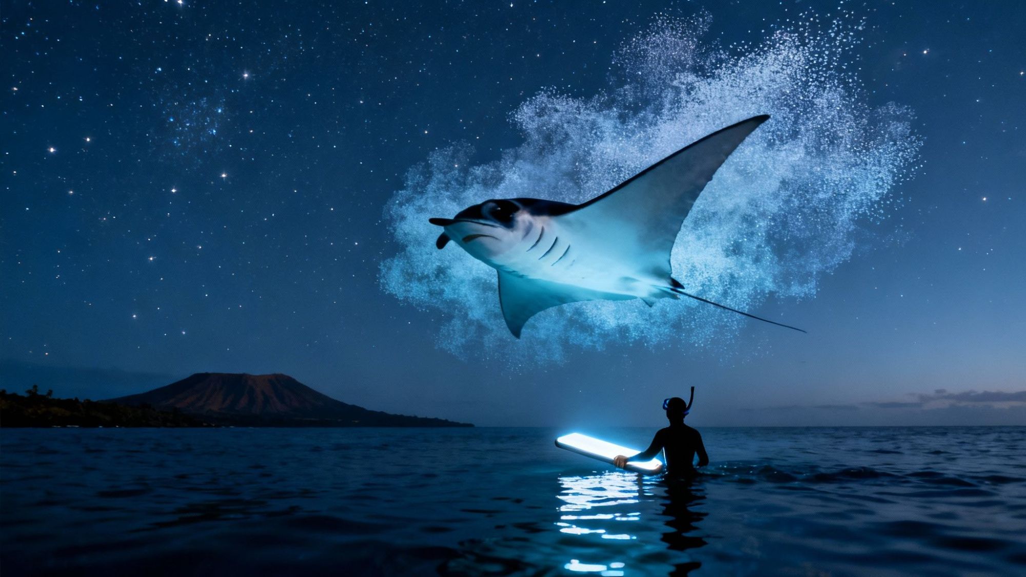 thumbnail_f11ecf Person with light stick near large manta ray and starry sky at night.
